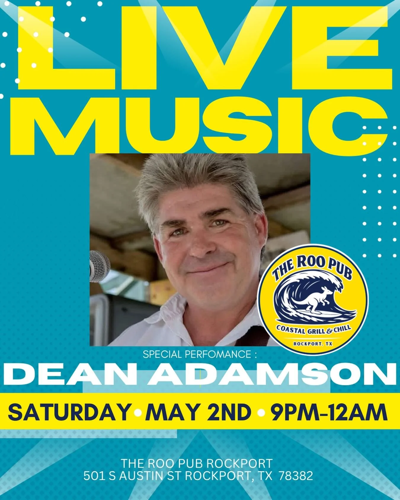 Live music is calling 🎶

Join us this Saturday at The Roo Pub Rockport for a special performance by Dean Adamson&mdash;bringing the vibes from 9PM&ndash;12AM.

📅 Saturday, May 2nd
⏰ 9PM&ndash;12AM
📍 The Roo Pub Rockport
501 S Austin St, Rockport, 