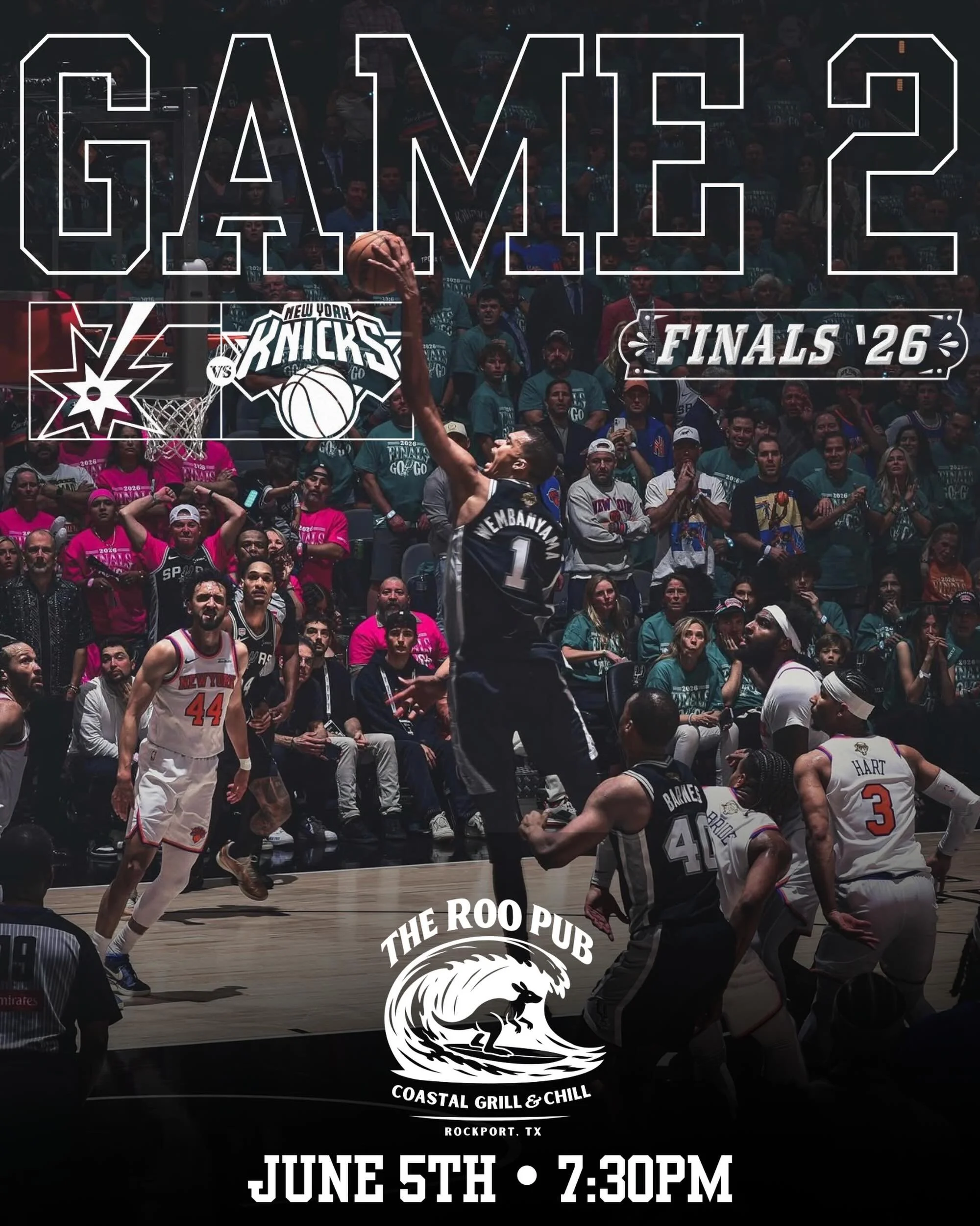 🏀 GAME 2 TONIGHT! 🏀

The Spurs are looking to even the Finals series against the Knicks, and there&rsquo;s no better place on the coast to catch the action!

📍 Roo Pub Coastal Grill &amp; Chill
⏰ 7:30PM Tip-Off
📺 All the action on our TVs
🍺 Cold