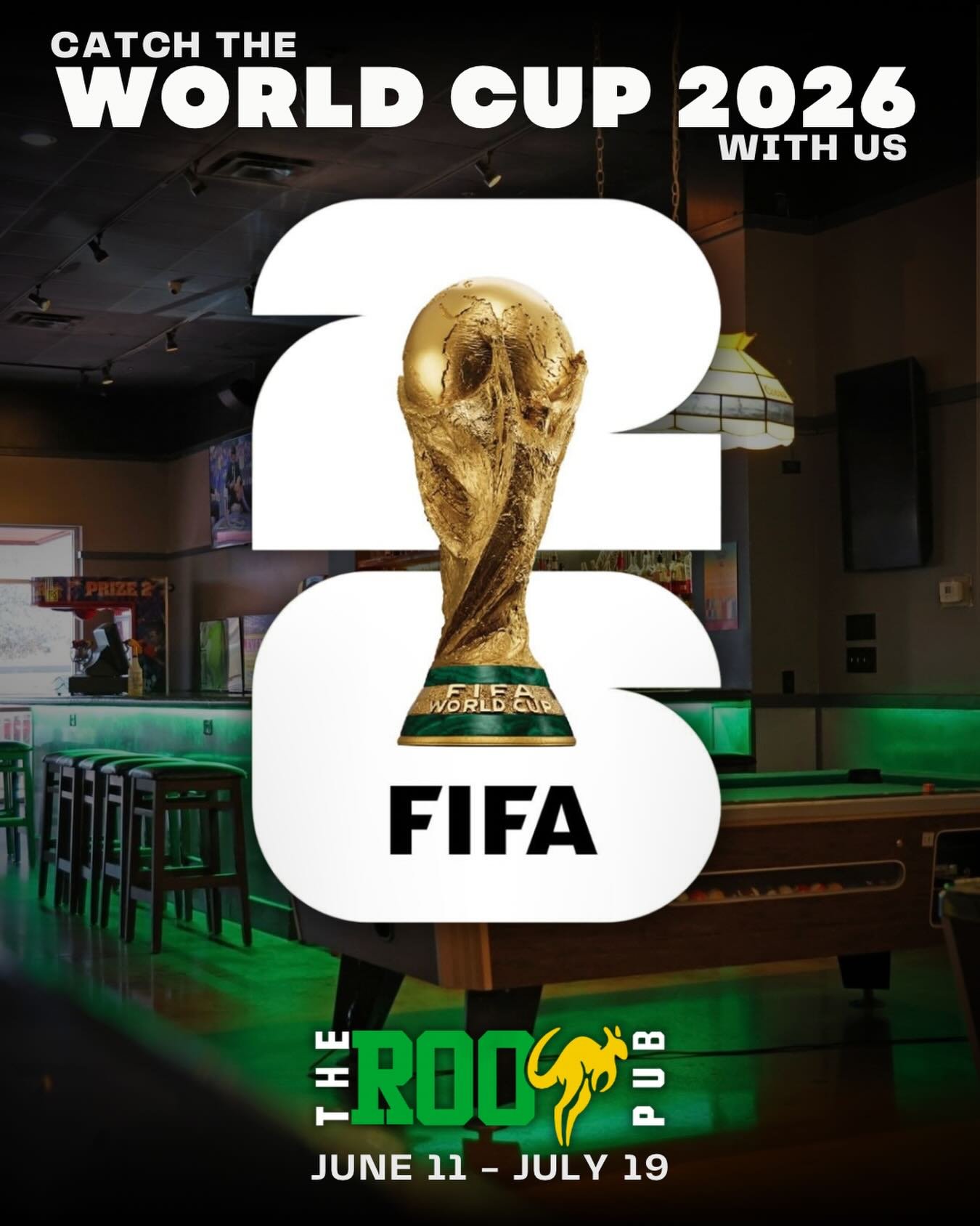 ⚽🏆 THE WORLD CUP STARTS THURSDAY! 🏆⚽

Soccer&rsquo;s biggest stage is here, and The Roo Pub is ready for all the action!

Grab your favorite seat, order an ice-cold drink, and join us as nations battle it out for the biggest trophy in the world.

?