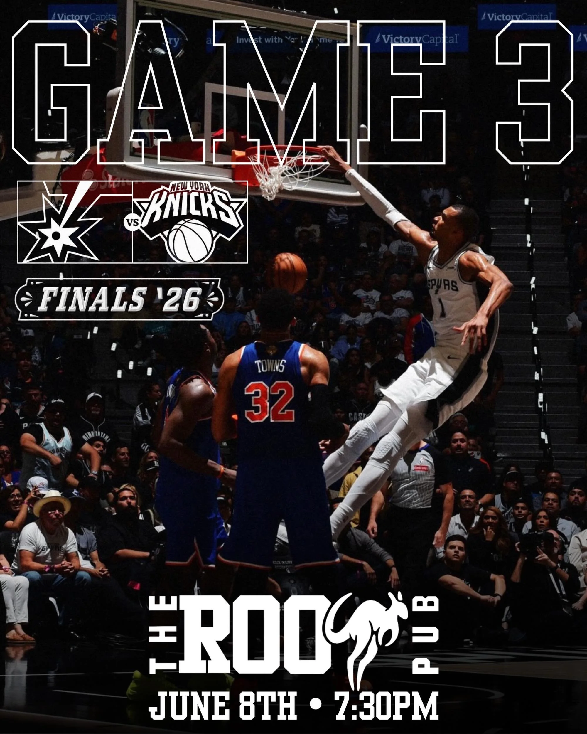 🏀 GAME 3. FINALS. TONIGHT. 🏀

The road to the championship runs through The Roo Pub! 🍻

Catch every second of the action as the Spurs take on the Knicks in Game 3 of the Finals. Grab your crew, claim your seat, and get ready for a packed house, co