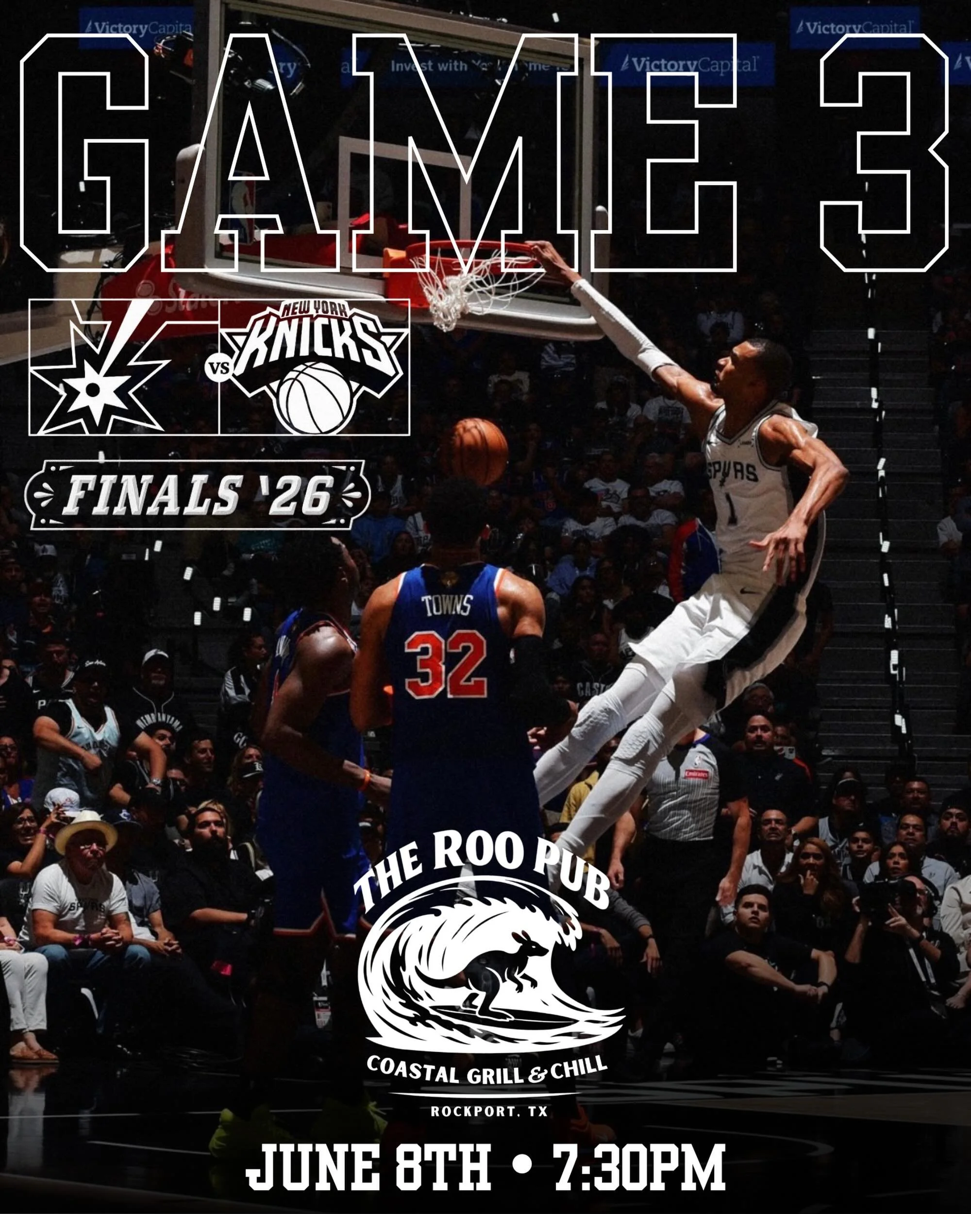 🏀🌊 FINALS NIGHT AT THE ROO PUB ROCKPORT! 🌊🏀

Game 3 is tonight, and we&rsquo;re bringing the playoff energy to the coast!

Grab a cold drink, gather your crew, and catch every second of the Spurs&rsquo; Finals run with us. Great views, great vibe