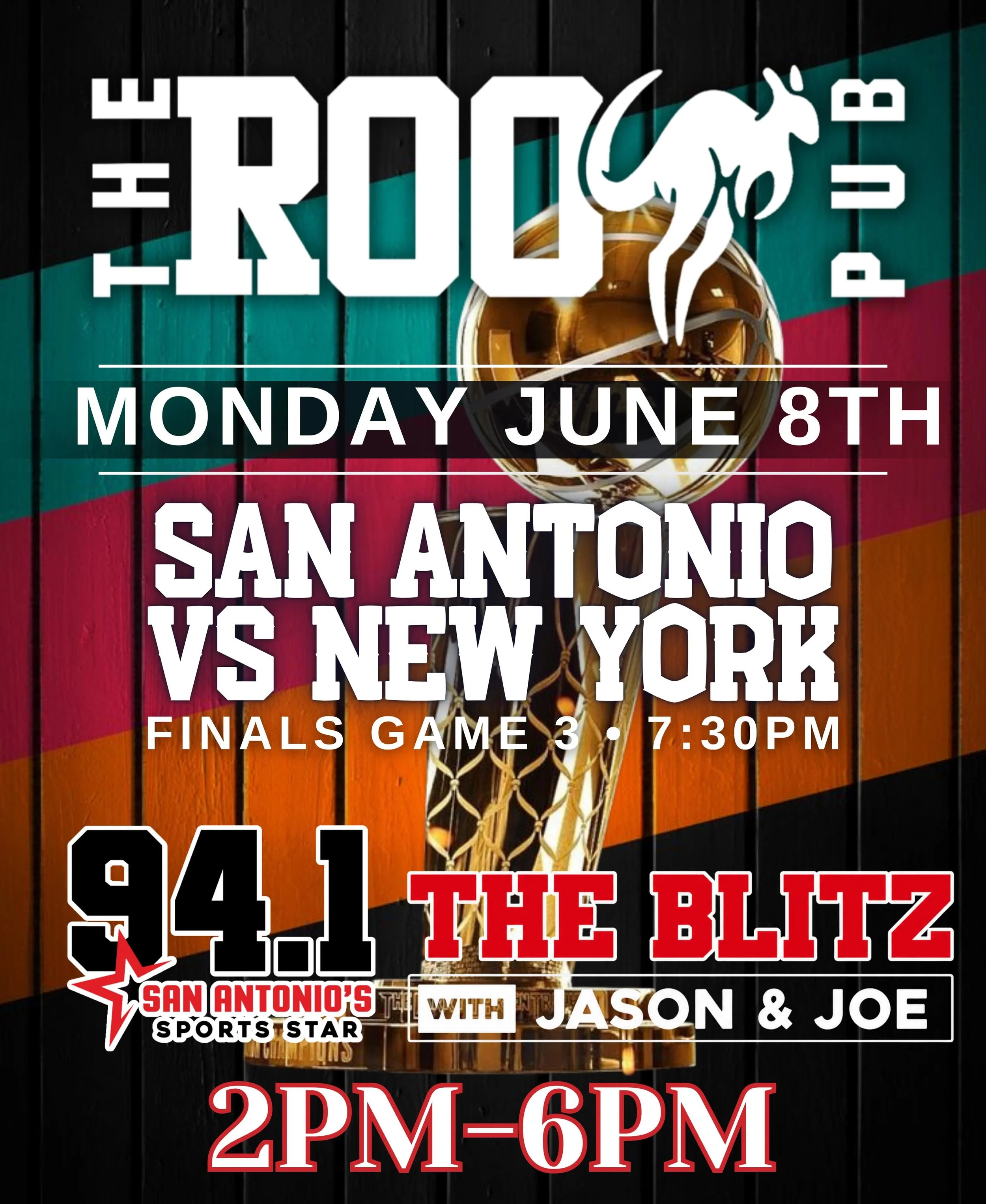 🏀 GAME 3 IS HERE! 🏀

Catch all the action at The Roo Pub as San Antonio takes on New York in the Finals tonight at 7:30PM!

Before tip-off, hang with Jason &amp; Joe from 94.1 The Blitz broadcasting LIVE from 2PM&ndash;6PM.

🍻 Cold drinks
🍔 Great