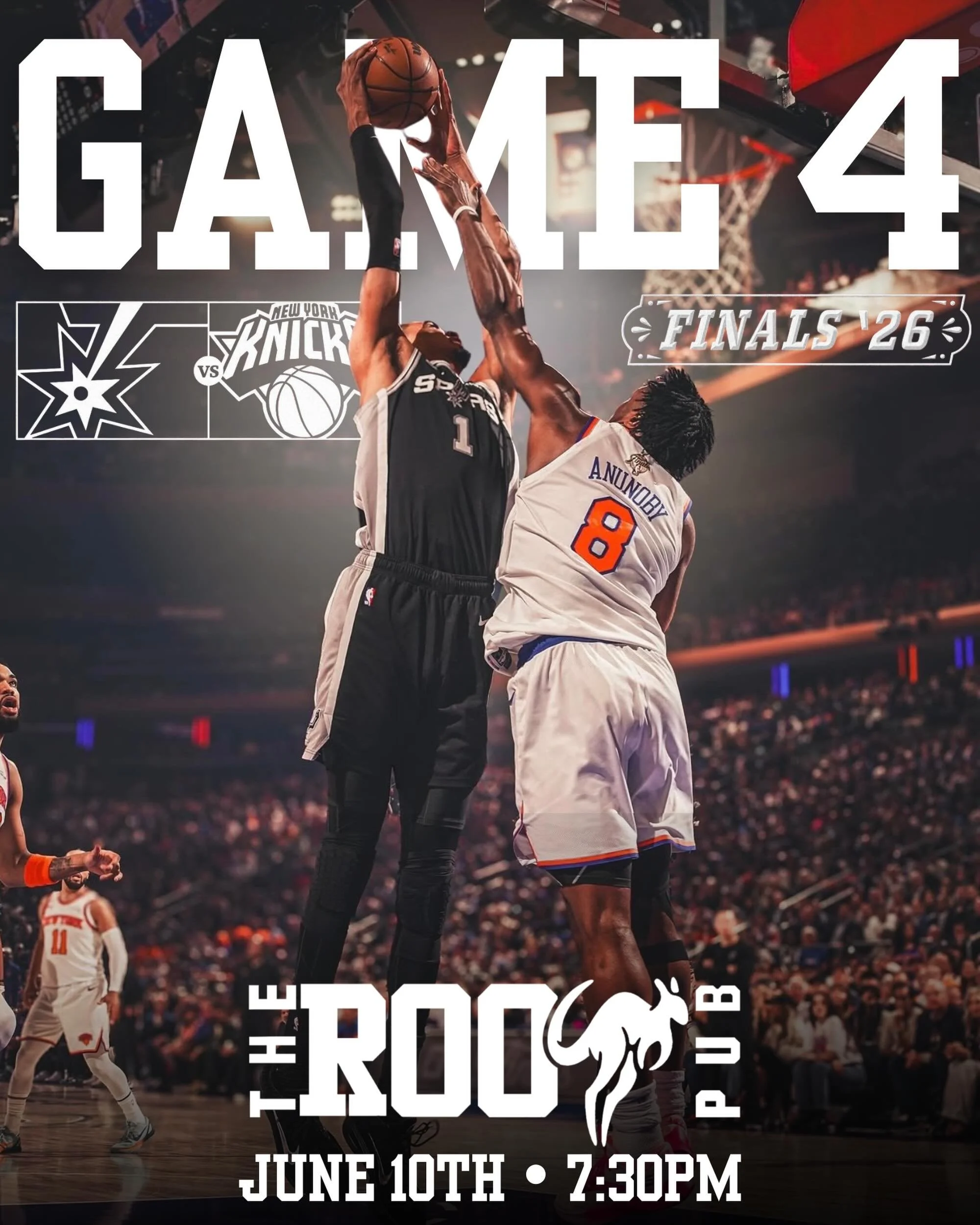 🏀 GAME 4 TONIGHT! 🏀

The Finals are heating up and there&rsquo;s no better place to catch every second of the action than The Roo Pub!

🍻 Cold drinks
🍔 Great food
📺 Wall-to-wall TVs
🏀 Tip-off at 7:30 PM

Throw on your silver and black, grab you