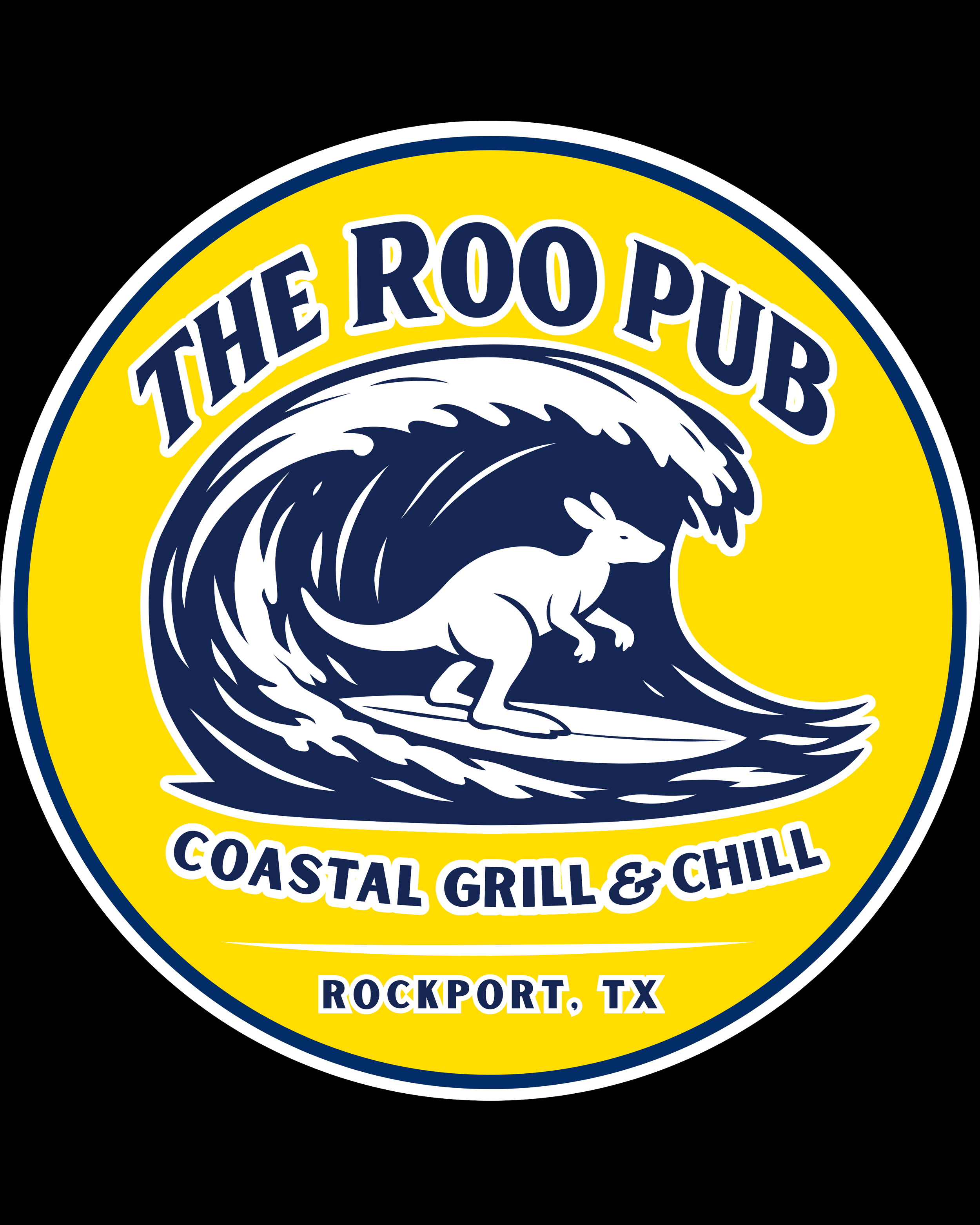 Logo for The Roop Coastal Grill & Chill in Rockport, TX featuring a stylized kangaroo surfing on a wave with yellow, navy, and white colors.