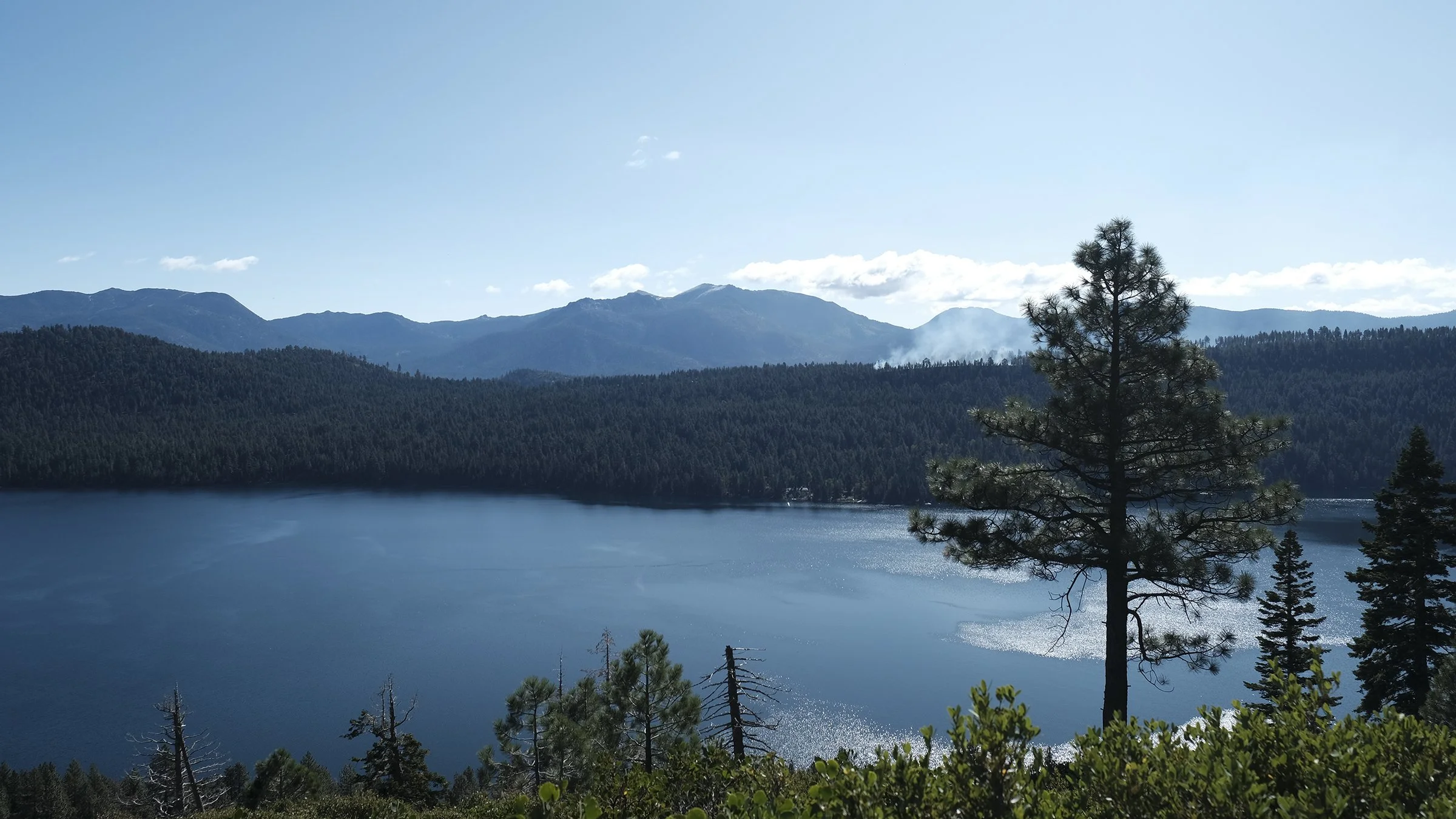 A scenic view of a large lake surrounded by pine trees and mountains under a blue sky with some clouds.