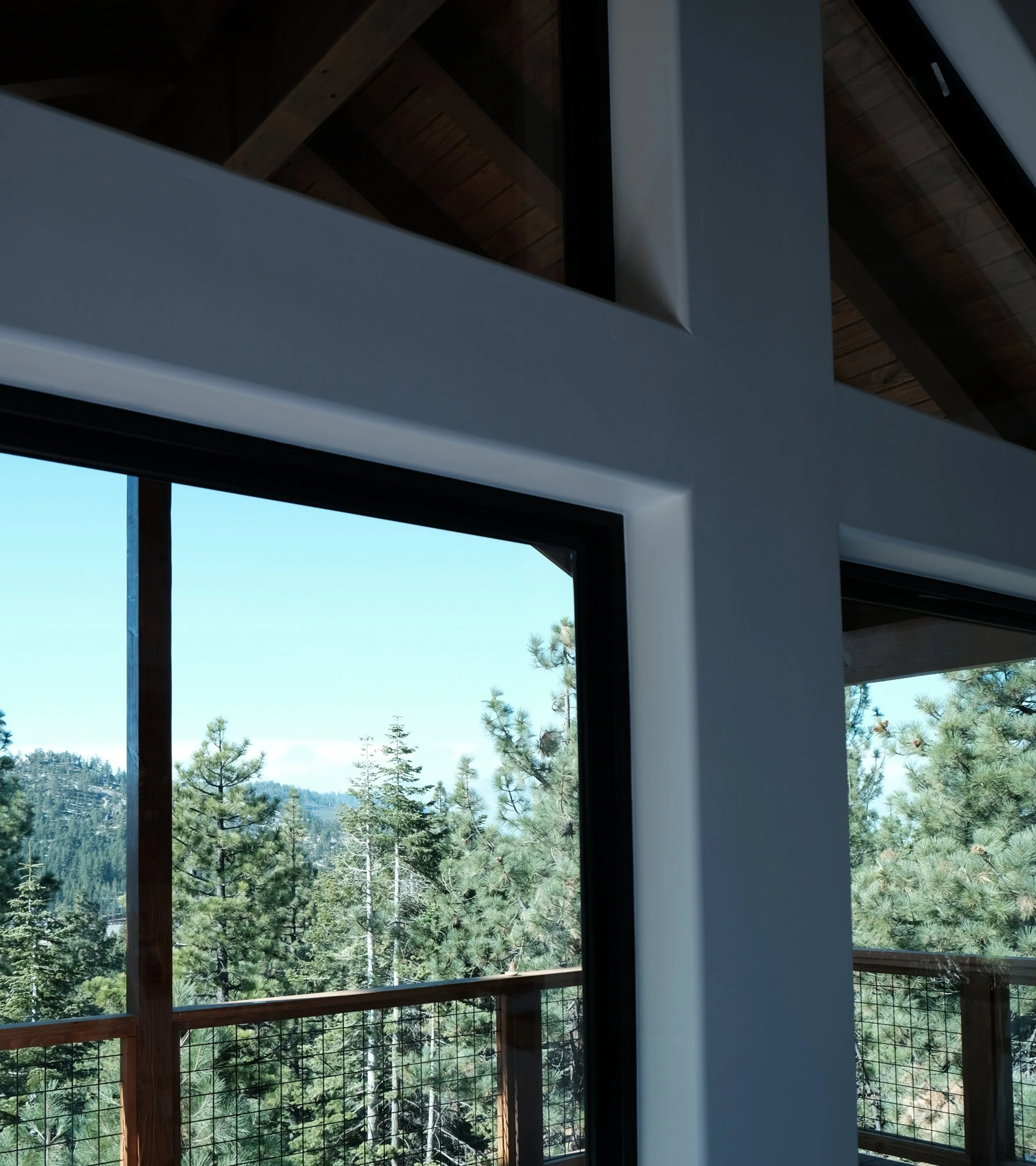 View of a pine forest through large glass windows in a modern house with wooden ceiling beams.