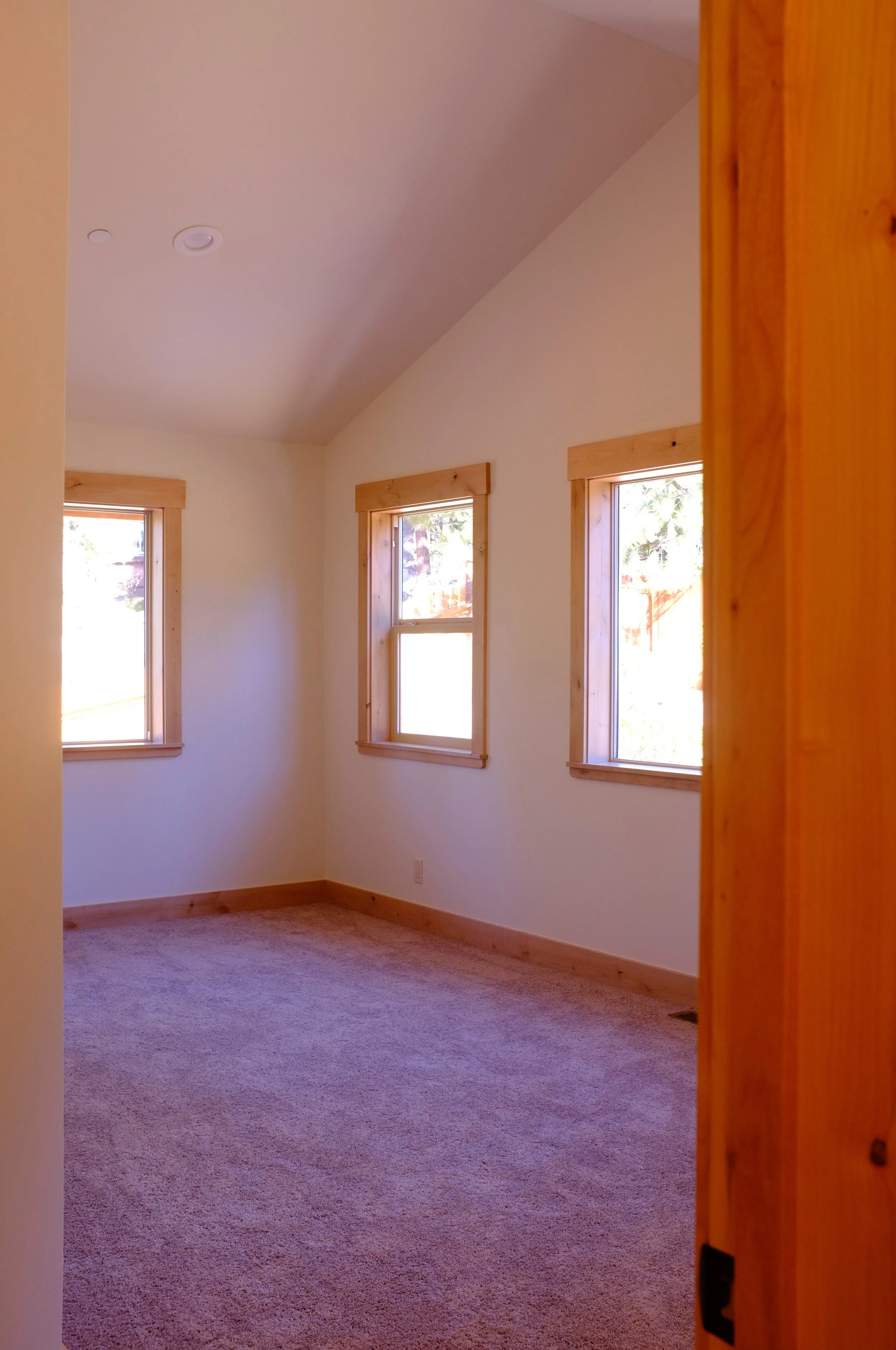 An empty room with three windows, beige carpet, wooden window frames, and a wooden door frame, bright with natural daylight.