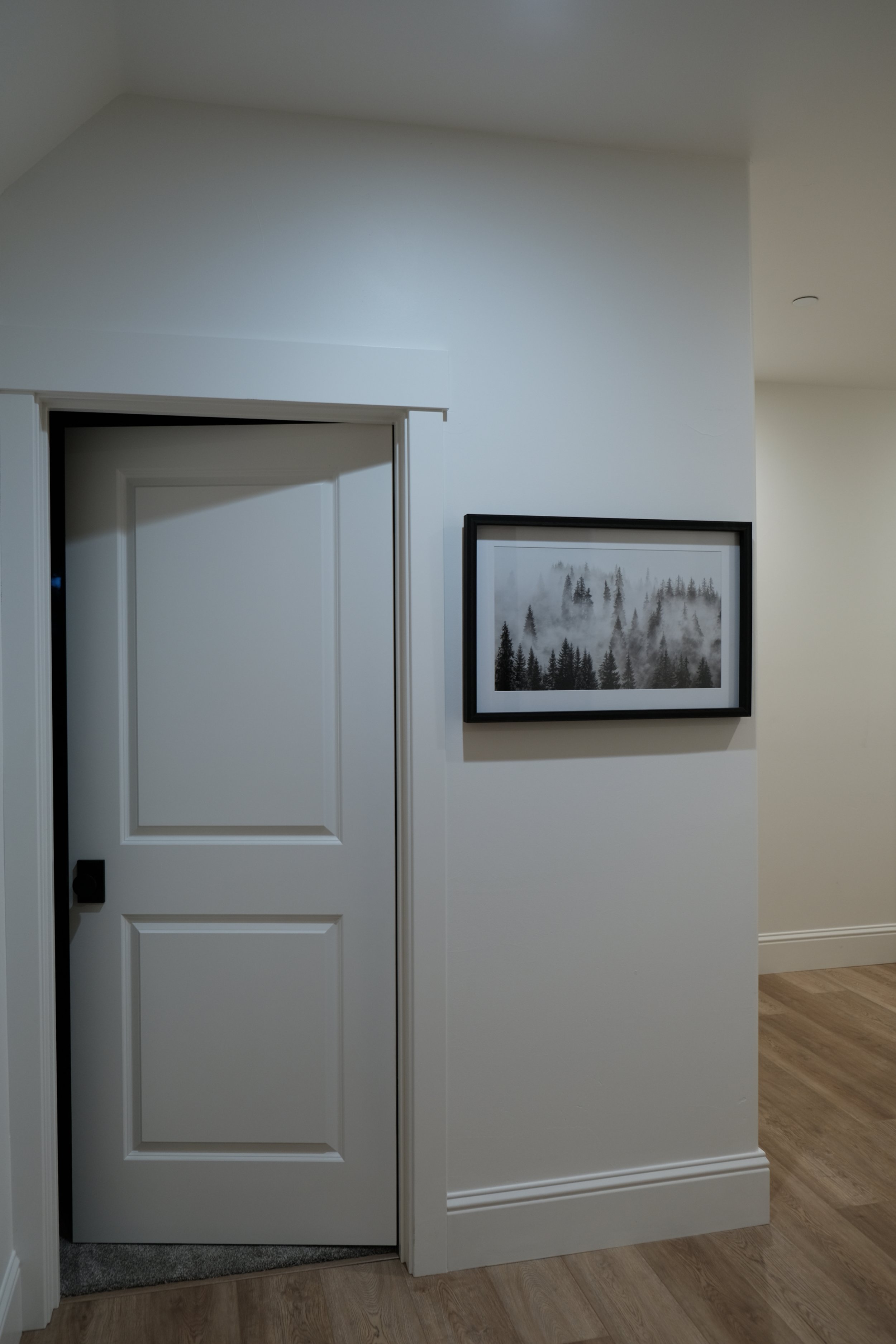 Interior view of a white door and wall with framed black and white landscape photograph of trees and fog hanging on the wall, wooden flooring.
