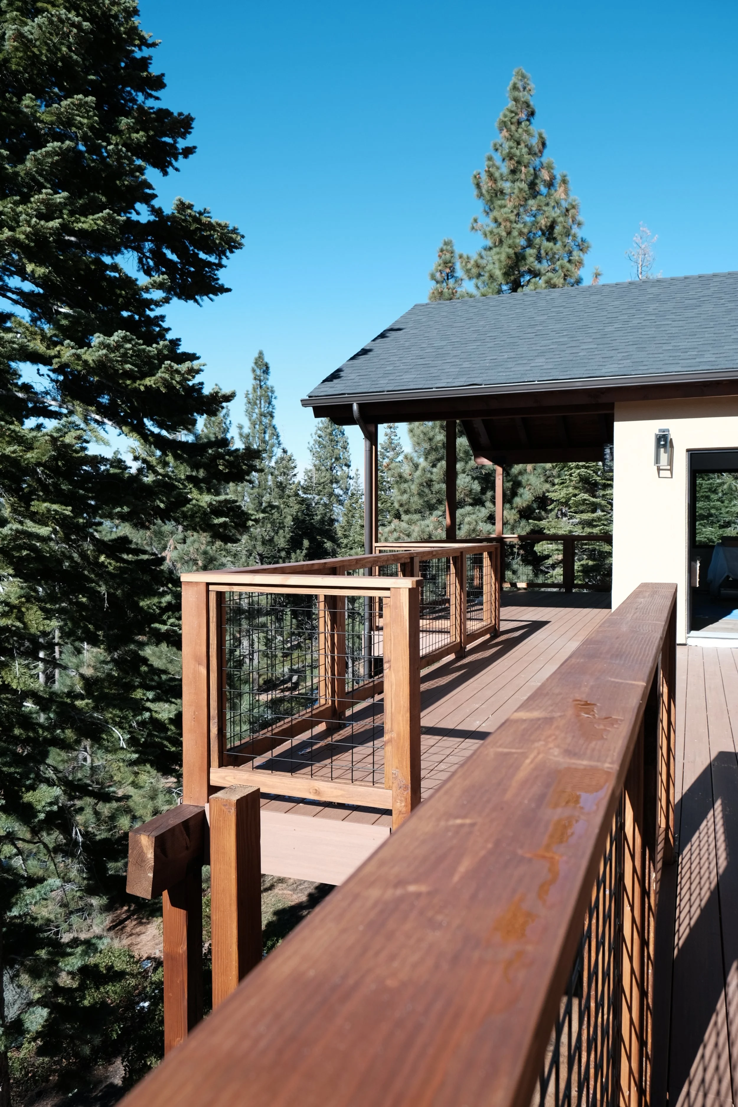 A wooden balcony with a railing overlooking a forest of pine trees under a clear blue sky.