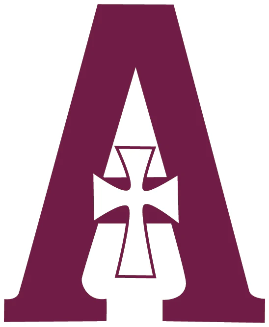 Large maroon letter 'A' with a white outlined cross in the center
