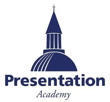 Logo of Presentation Academy featuring a stylized church steeple with a cross on top above the text 'Presentation Academy'.