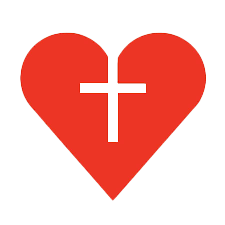 A red heart with a black cross in the center.