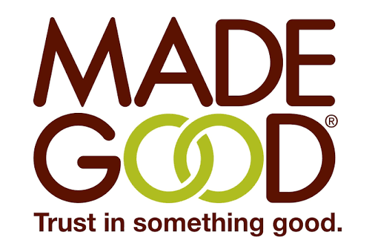 Logo with the words "MADE GOOD" in large letters, featuring interlinked green circles as the O's, and the slogan "Trust in something good" below.
