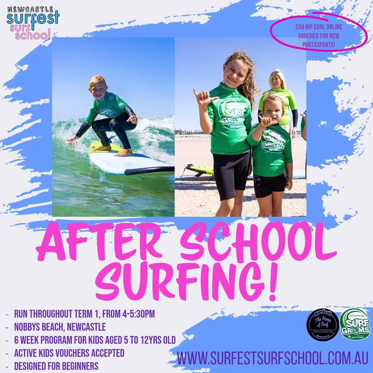 TERM 1 AFTER SCHOOL SURFING!

Our after school @surfgroms_ lessons are fast approaching!

Make sure you book now to secure your spot.

- Run from 4-5:30pm at Nobby&rsquo;s Beach
- For children aged 5-12yrs old
- All equipment is provided 
- Active ki