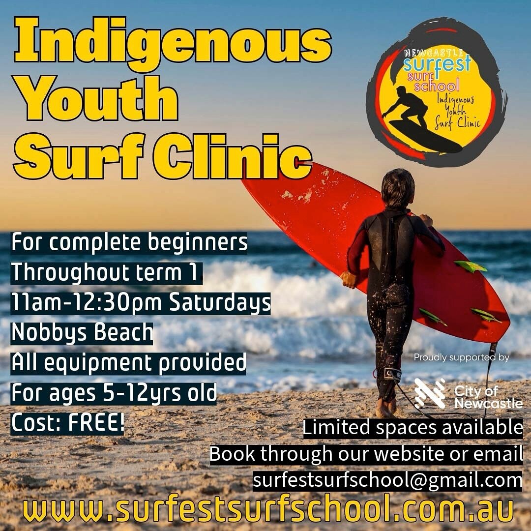 Our free Indigenous youth surf clinic is back up and running for term 1!

Lessons for Aboriginal and Torres Strait Islander peoples who are 5-12yrs old.

Limited spaces are available. Please reserve your place online or email surfestsurfschool@gmail.