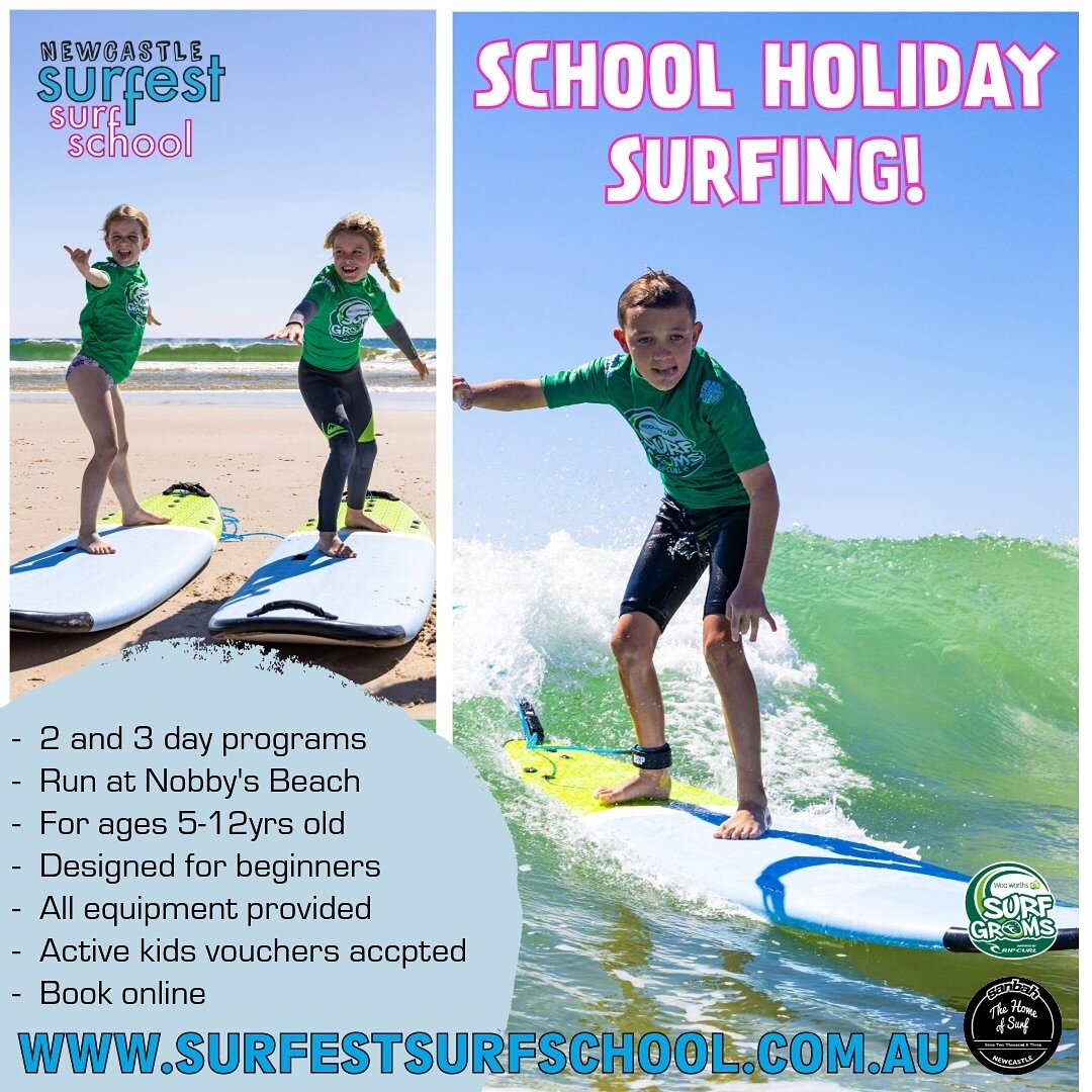 SCHOOL HOLIDAY SURFING!

Our last @surfgroms_ programs for the season are run over the April school holidays 🏄&zwj;♂️ 

- For kids aged 5-12yrs
- Run from Nobby&rsquo;s Beach
- All equipment provided 
- Designed for beginners
- $50 online voucher fo