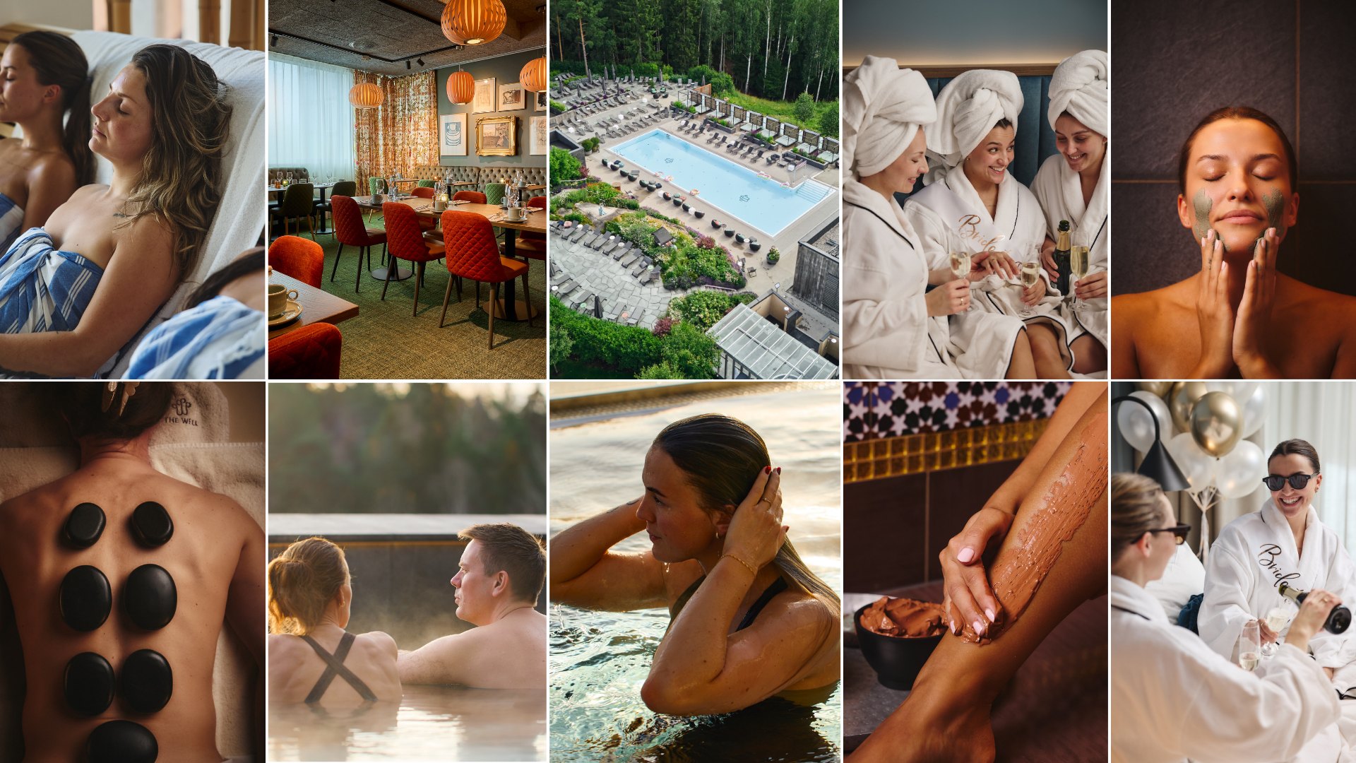 Bilder av avslapning og velvære, inkludert personer som slapper av på spa, en svømmebasseng, spa-behandlinger, og et utendørsmiljø.