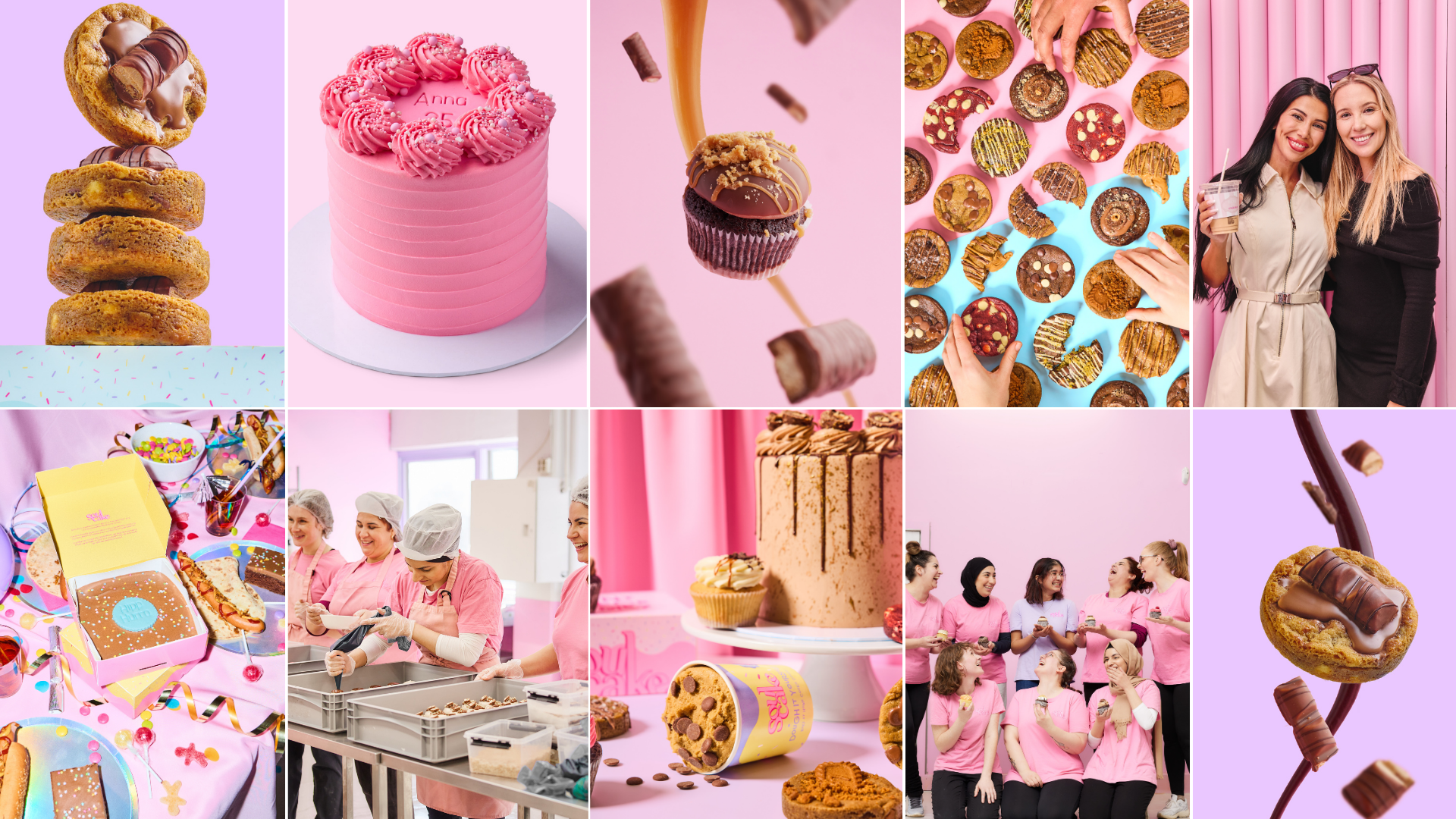 Diverse kaker og søtsaker i rosa toner, personer som baker og feirer, med fokus på kaker, cupcakes, kjeks, og gruppe mennesker som smiler og har det gøy i et arbeidsmiljø.