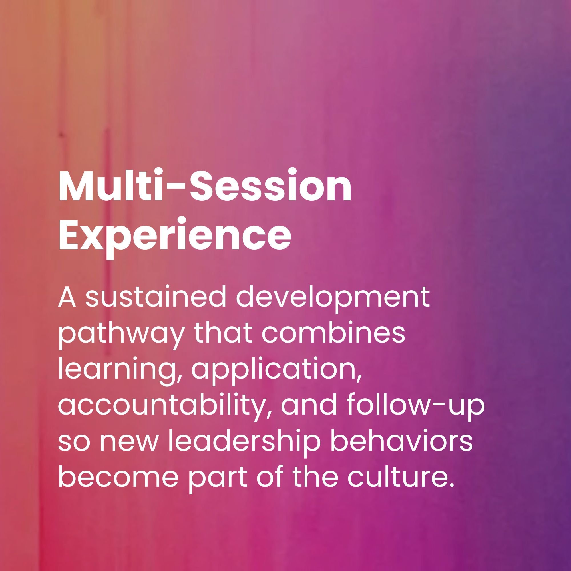 A card that reads: "Multi-Session Experience: A sustained development pathway that combines learning, application, accountability, and follow-up so new leadership behaviors become part of the culture."