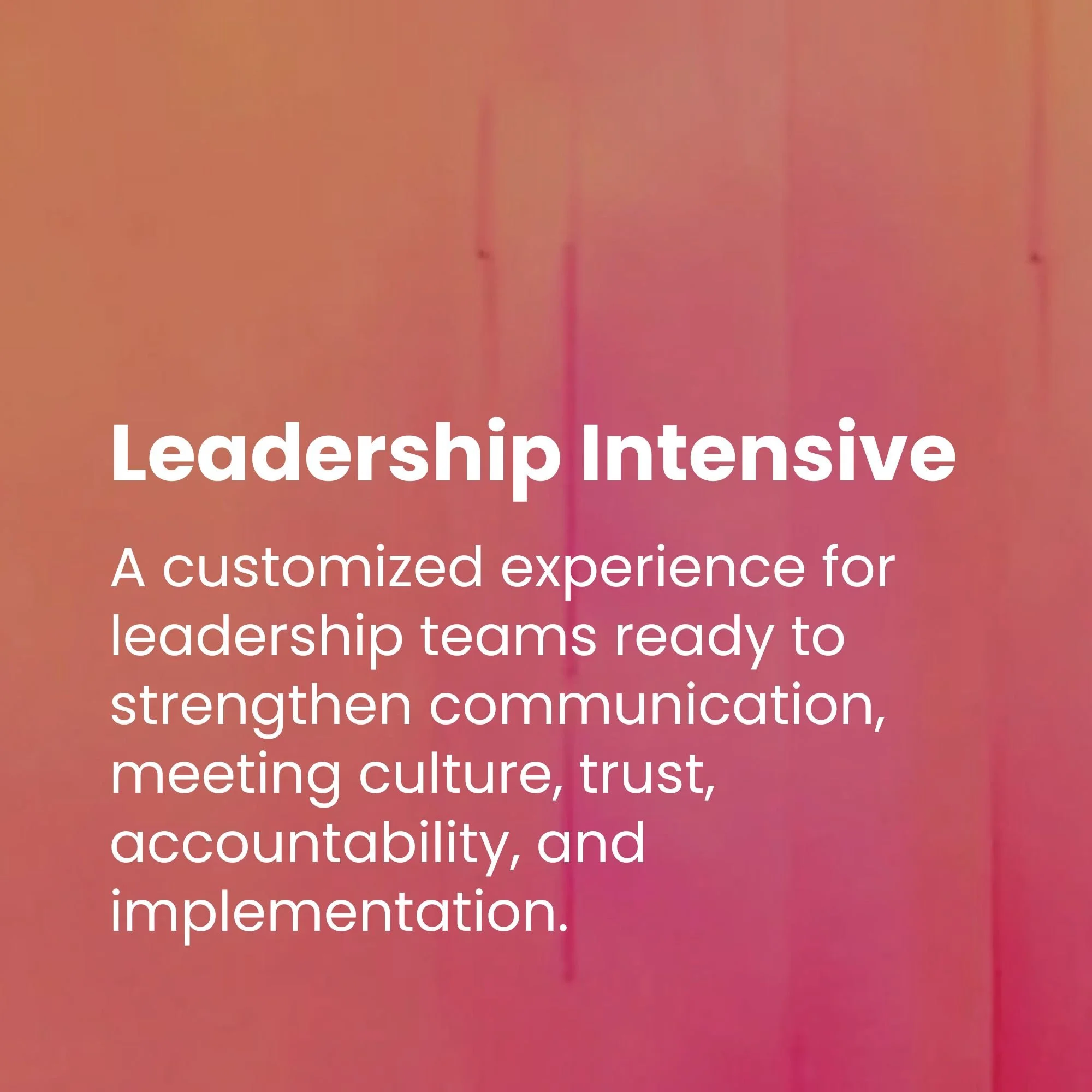 A card that reads: "Leadership Intensive: A customized experience for leadership teams ready to strengthen communication, meeting culture, trust, accountability, and implementation."
