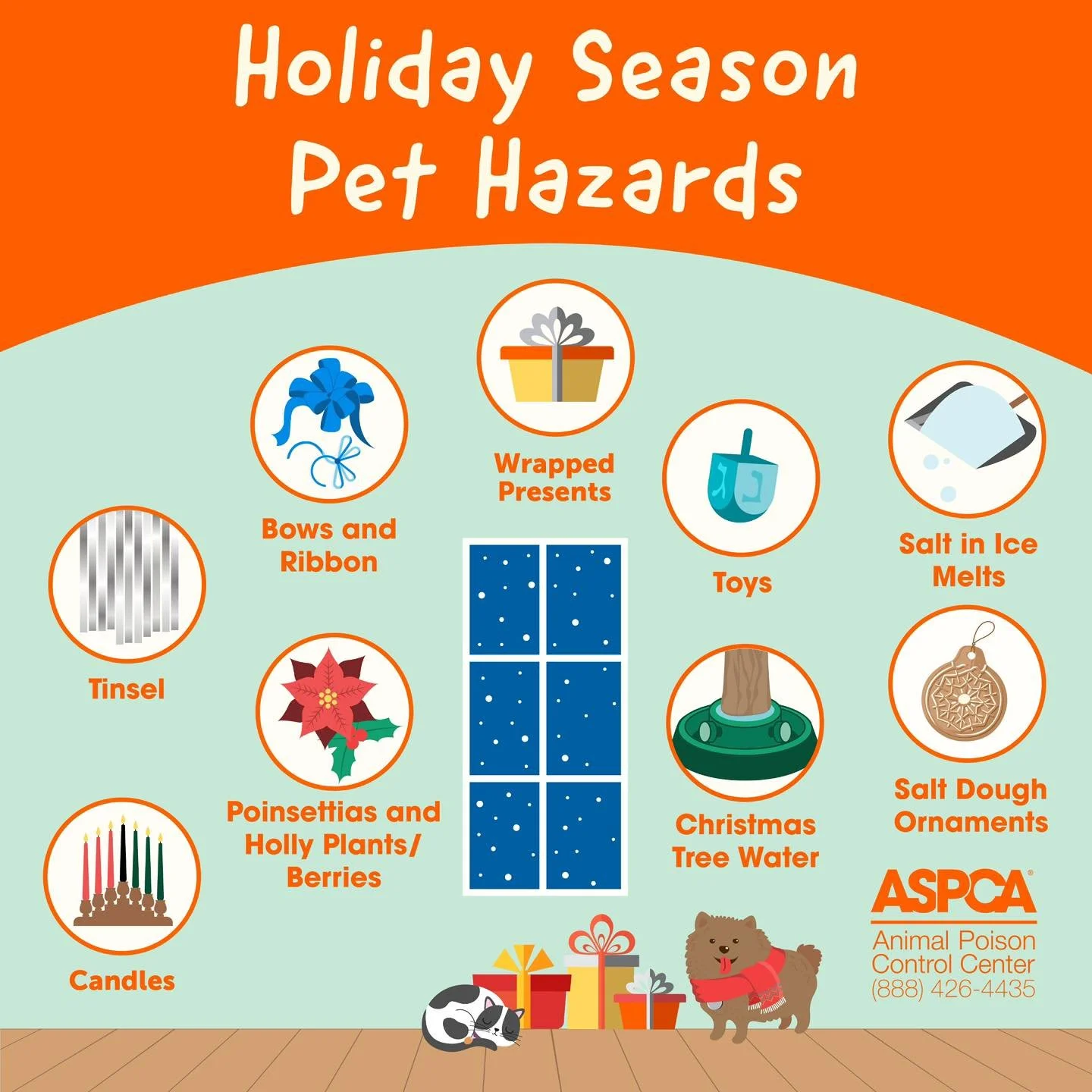 Before the festivities kick off, here are a few important holiday pet safety reminders to help keep your pets out of trouble:

&bull; Keep chocolate and sugar-free treats (especially xylitol) out of reach
&bull; Tinsel, bows, and ribbon can cause dan