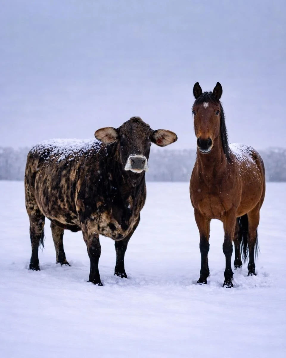 Fun Fact Friday! 🐄 ❄️ 🐴 

Ever notice snow sitting on a cow or horse&rsquo;s back and think, &ldquo;Aren&rsquo;t they freezing?!&rdquo;
Fun fact &mdash; that&rsquo;s actually a good sign.

Snow sticking around means they&rsquo;re warm.  Cows and ho