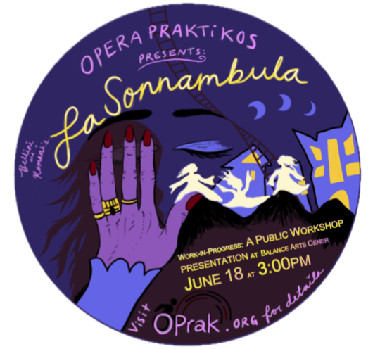 Illustration of a hand held up against the face of a sleeping woman with flowing hair. In the background are ghostly images dancing on mountain tops with suggestion of a city-scape behind them. Title reads La Sonnambula A work-in-progress...