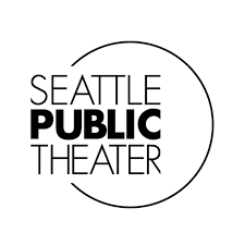 Seattle Public Theater logo in white on a black background with a partial circle design.