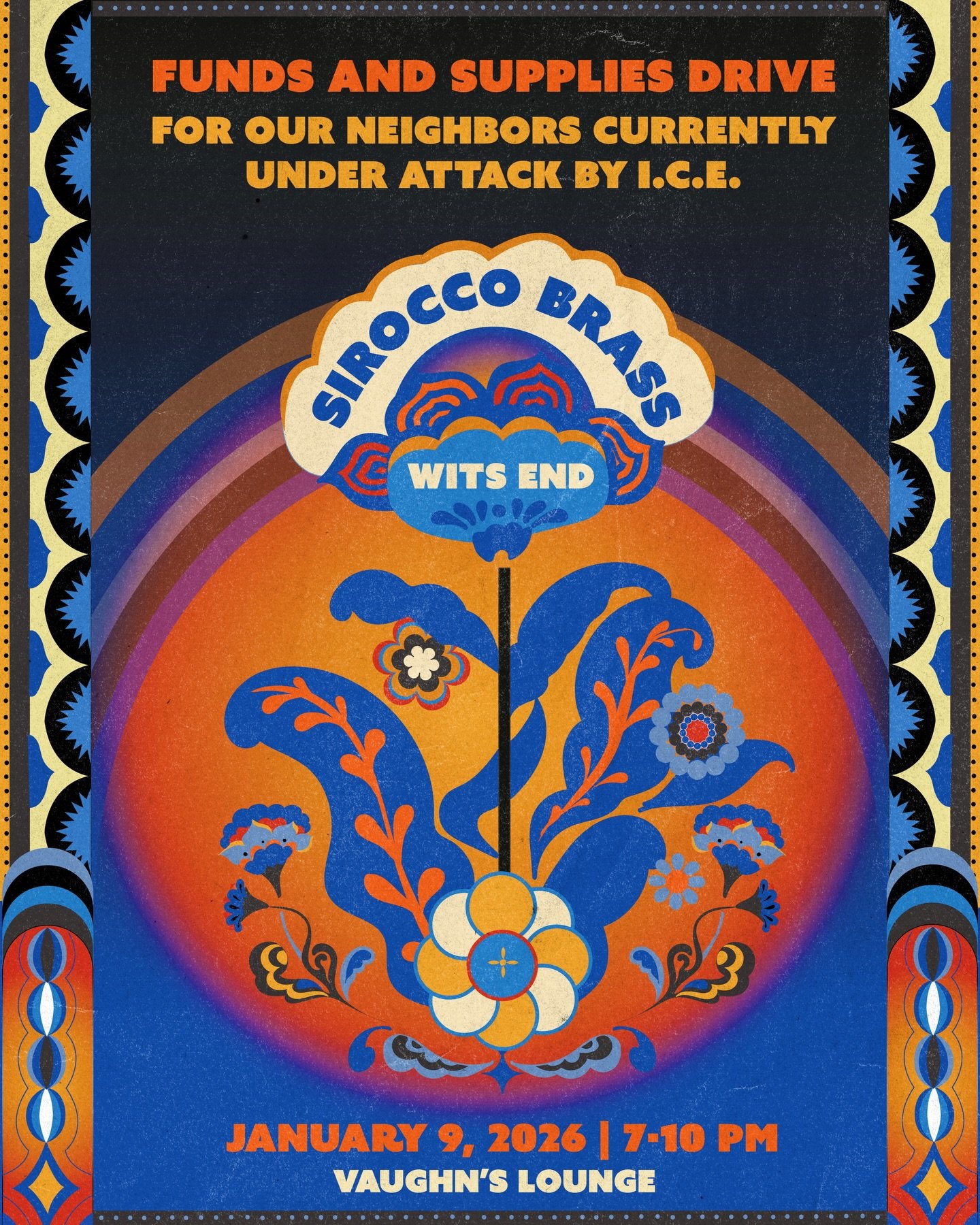 Poster for a fundraiser to gather supplies for those who have been affected by the ICE raids, while gathering donations to help against future ones. 🖤  @siroccobrass @wits_end_brass_band