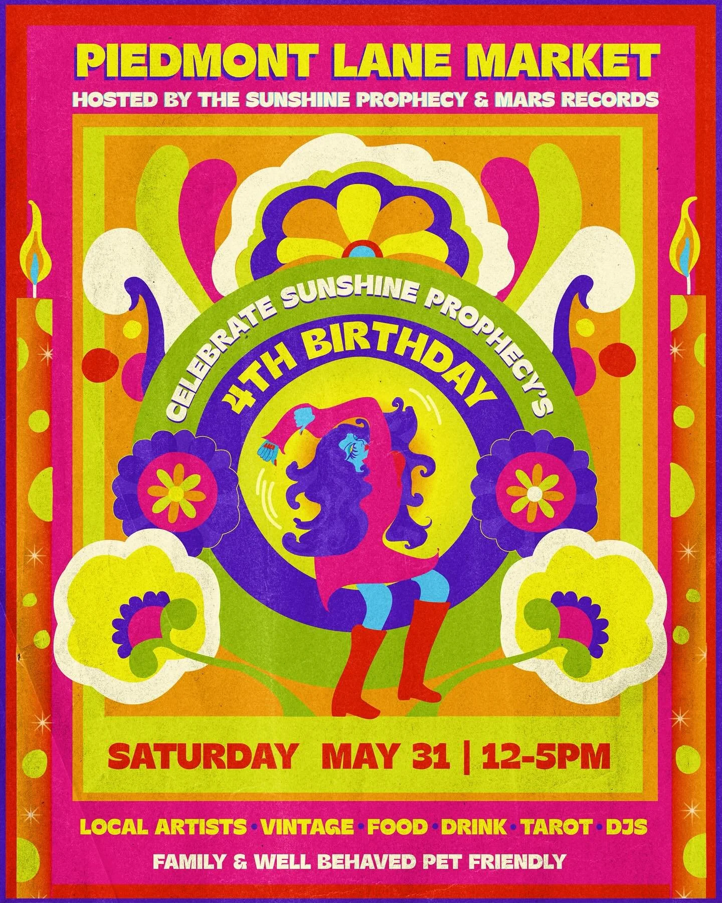 Flyer for Piedmont Lane Market, hosted by @thesunshineprophecy &amp; @marsrecordshop ✨🤩🌻🌞🍄🌈🌙 Lots of fun lined up for this birthday bash 💫