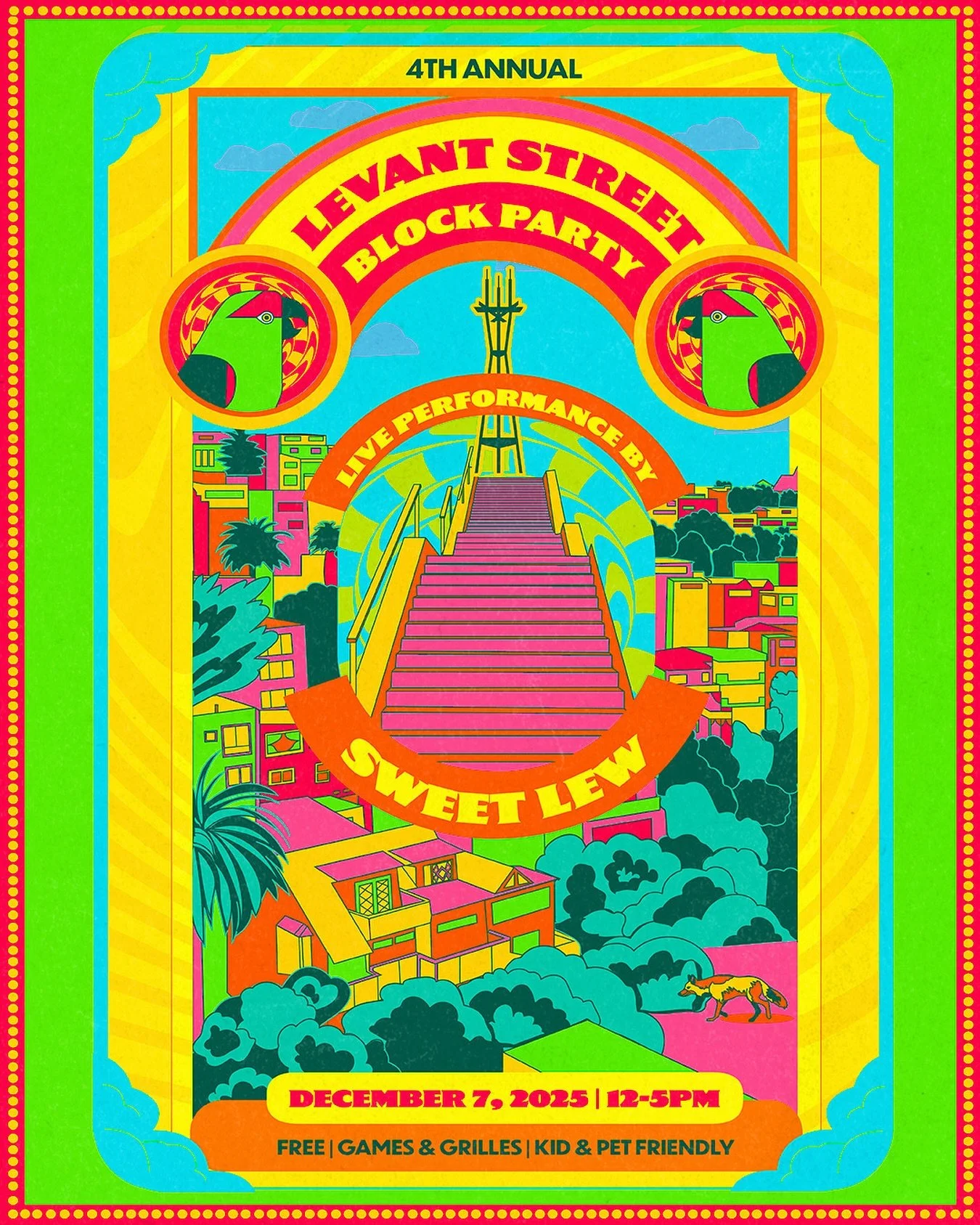 Poster for the 4th annual Levant Street Block Party featuring the amazing @sweetlew429 🦜💫 Loved making this poster - a nod to the beautiful animals and homes of San Francisco