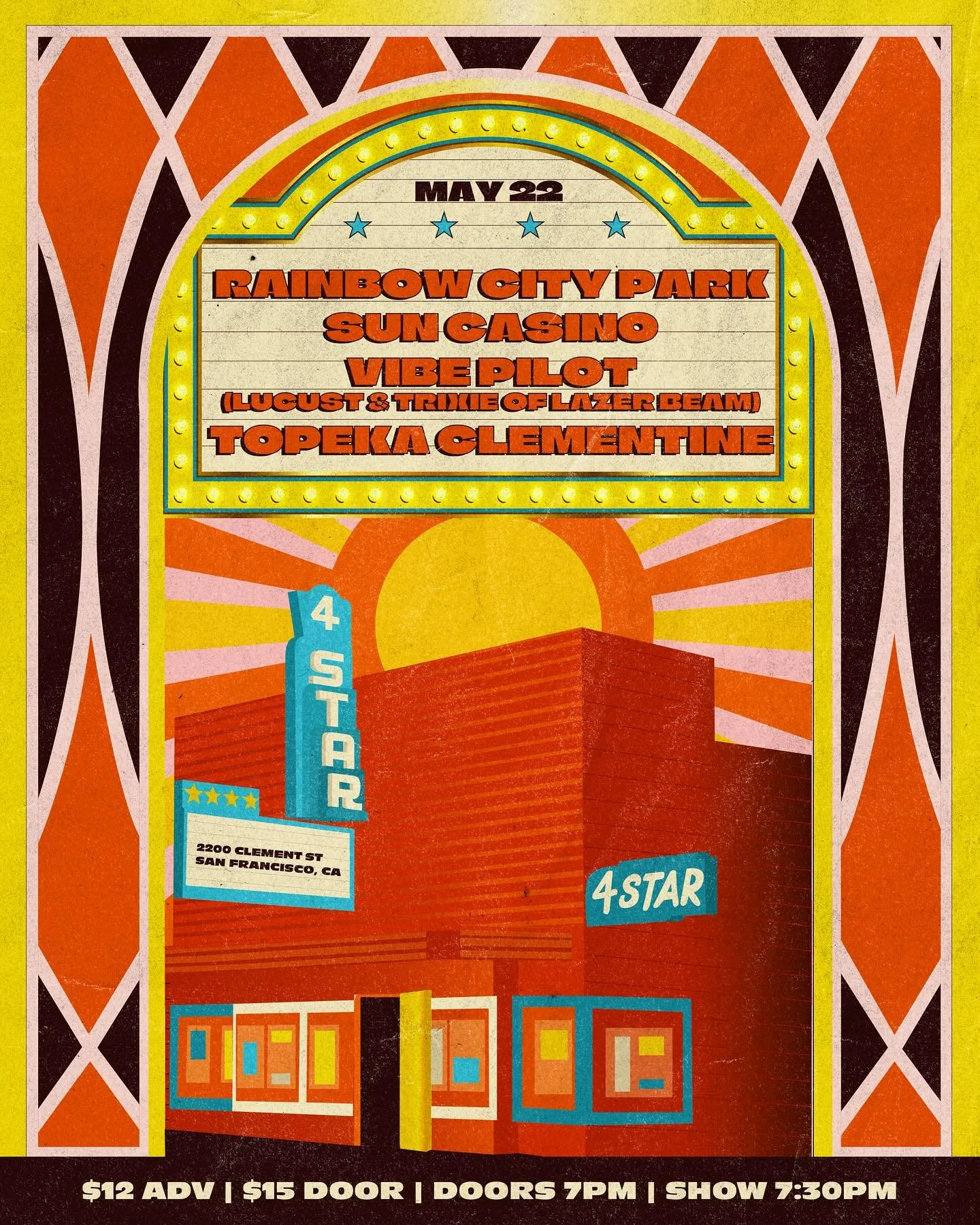 Flyer for a fun show happening in San Francisco @4startheater ✨ Catch @rainbowcitypark on their West Coast &lsquo;Fruitless Tour&rsquo; 🌈🎟️🌞🍒✨ along with some other amazing artists ✨