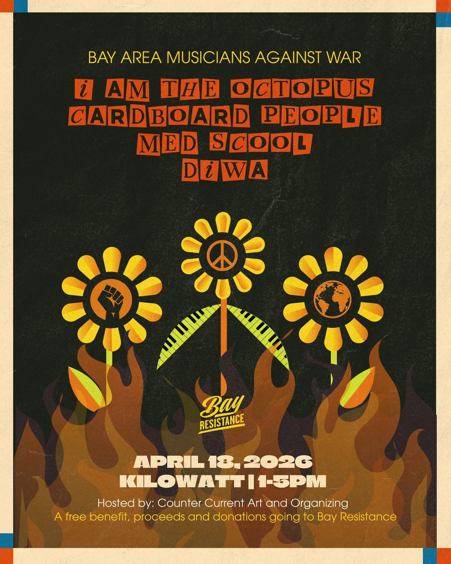 What are you up to this Saturday? Poster a free benefit show happening @kilowatt_bar_sf 💫 listen to some great music and support the anti-war movement! 🌻🔥🌻🔥🌻🔥 Hosted by @countercurrentbayarea