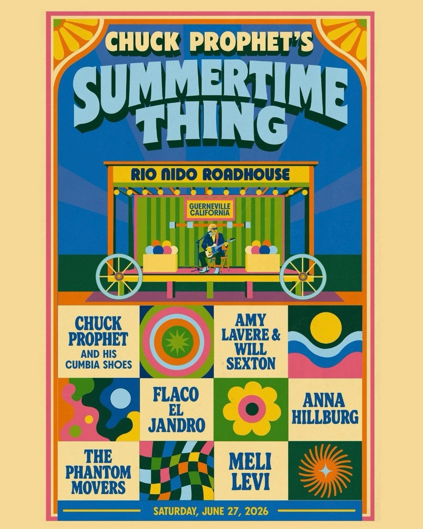 Poster for @summertimething 🌻 happening June 27th in Guerneville, California. Right off the Russian River, tucked away in the redwoods..I don&rsquo;t know what says summer more than this perfect cozy festival. 🍉🌞🍓 
Hosted by the one and only @chu