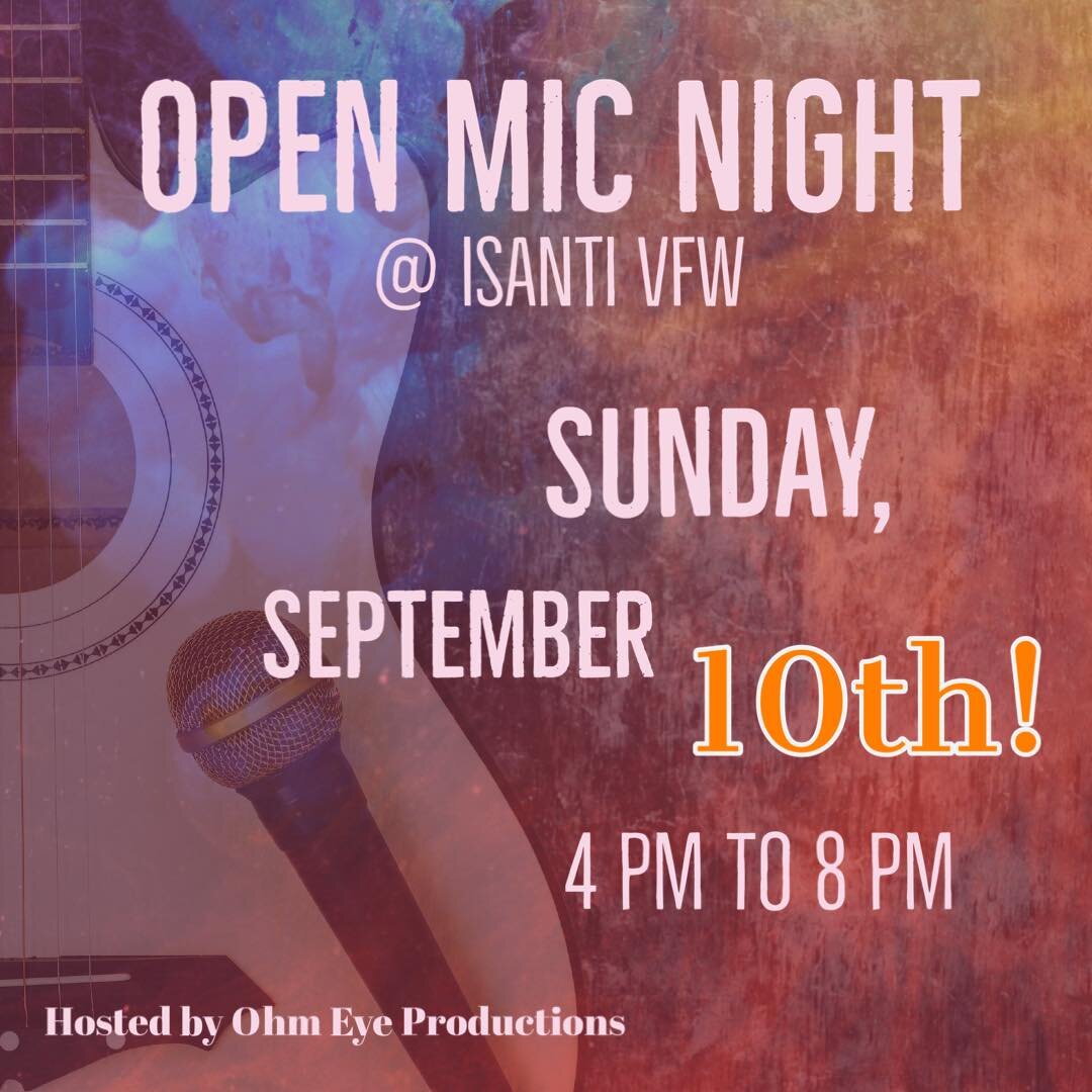 Heads up!! Rather than our usual first Sunday of the month, September&rsquo;s Open Mic Night will be held on the 10th!! 
Catch us at Isanti VFW POST 2735 from 4 to 8 pm 🎶🎤

#localartists #localmusicians #liveentertainment #musicians #minnesotamusic