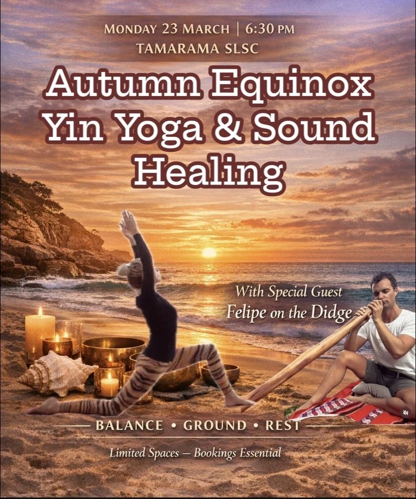A promotional poster for an event titled 'Autumn Equinox Yin Yoga & Sound Healing,' scheduled for Monday, March 23 at 6:30 PM at Tamaram SLSC. The poster features a beach sunset with candles, a person practicing yoga, and a man playing a didgeridoo. The event highlights balance, grounding, and rest, with limited spaces and bookings required.