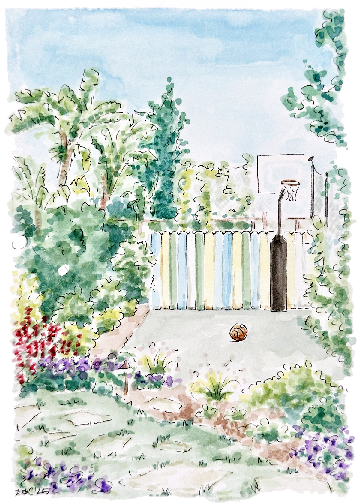 'Pacific Palisades Basketball,' 2025, Gouache & Ink on Paper, 5x7in