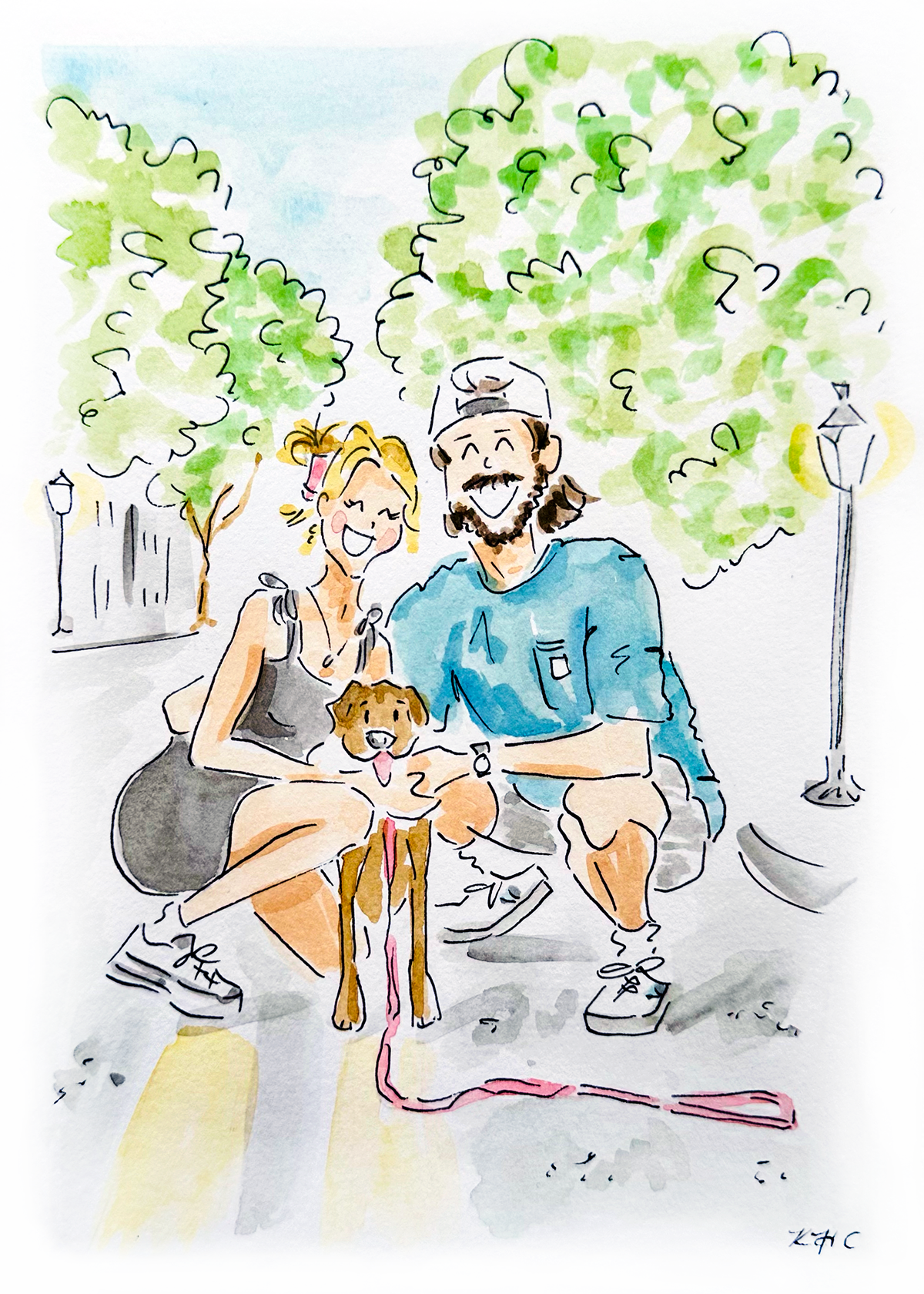 'Kaitlyn, Colin, & Riggs,' 2025, Gouache & Ink on Paper, 5x7in