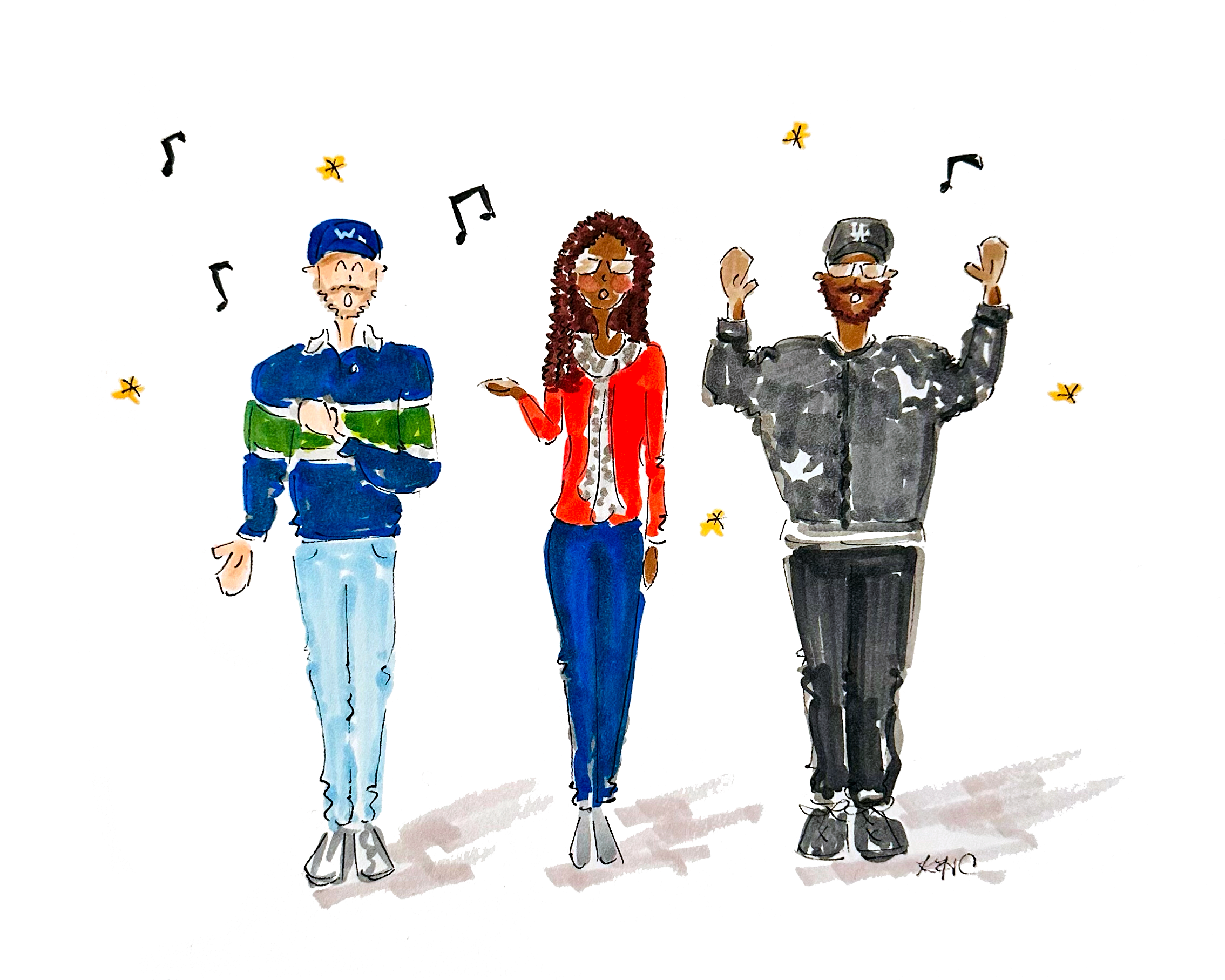 'Zeal Worship Team,' 2025, Gouache & Ink on Paper, 5x7in