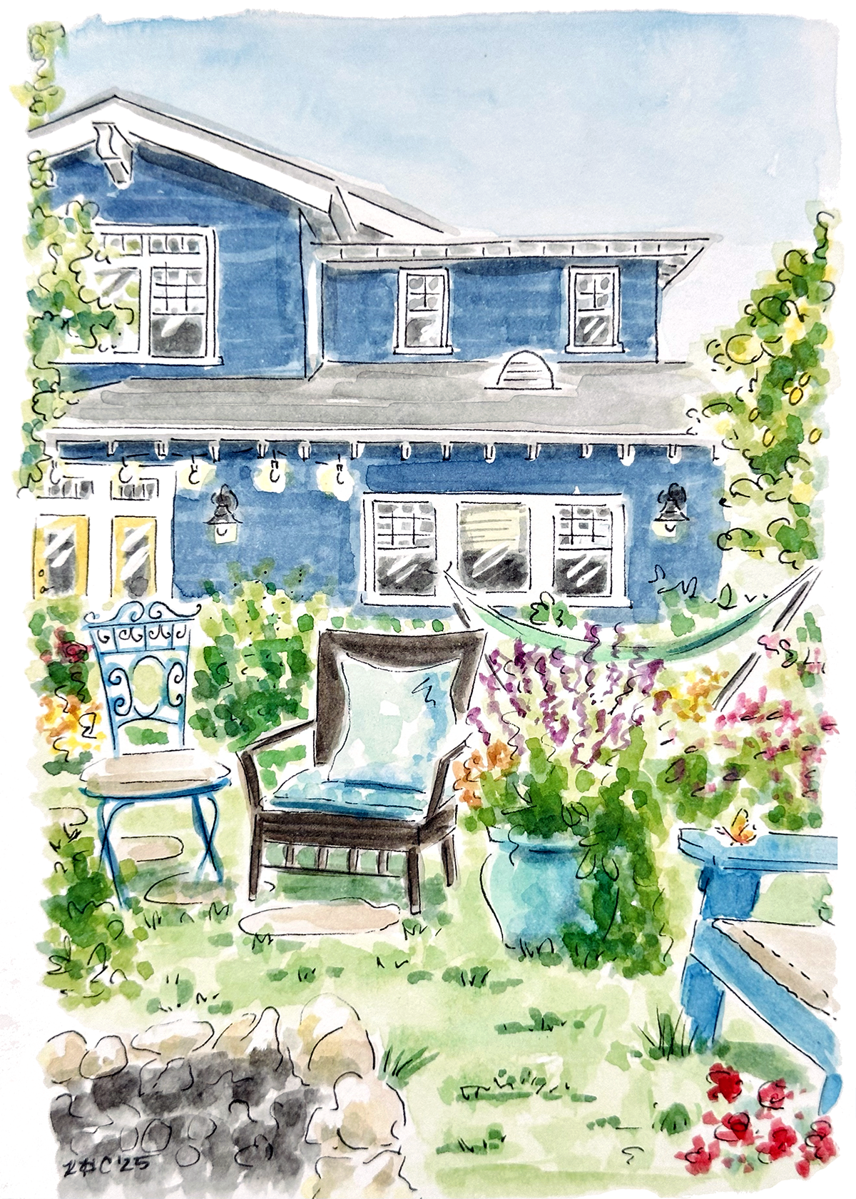 'Pacific Palisades Backyard,' 2025, Gouache & Ink on Paper, 5x7in