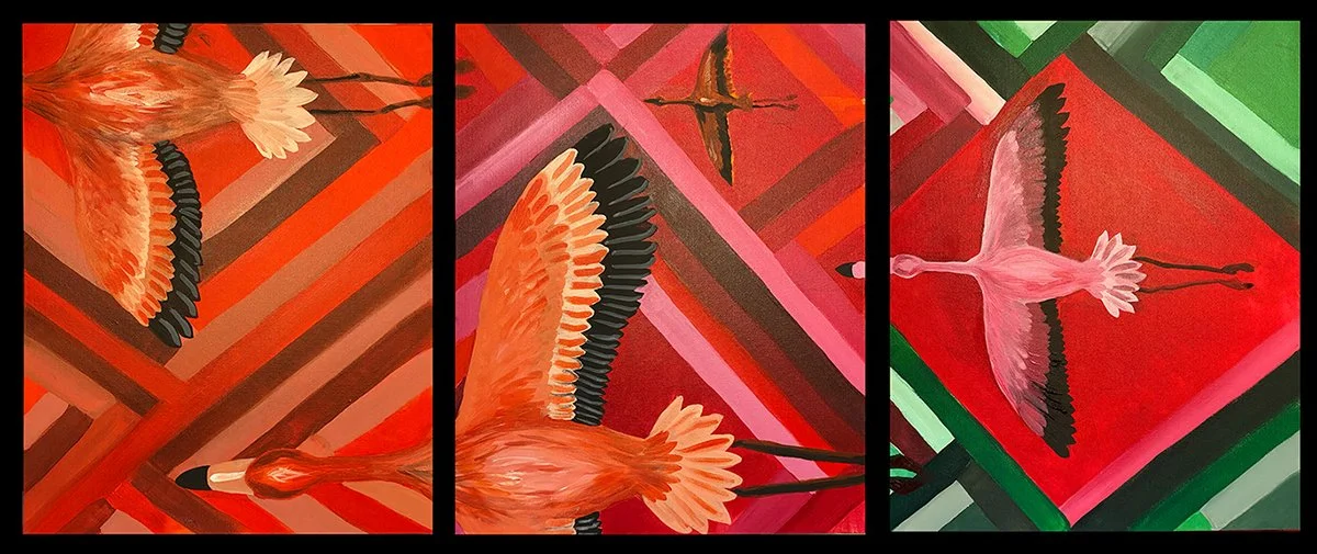 Blue Flamingo |
Triptych, Acrylic paint on 3 16 " x 20" canvas panels, 
2020