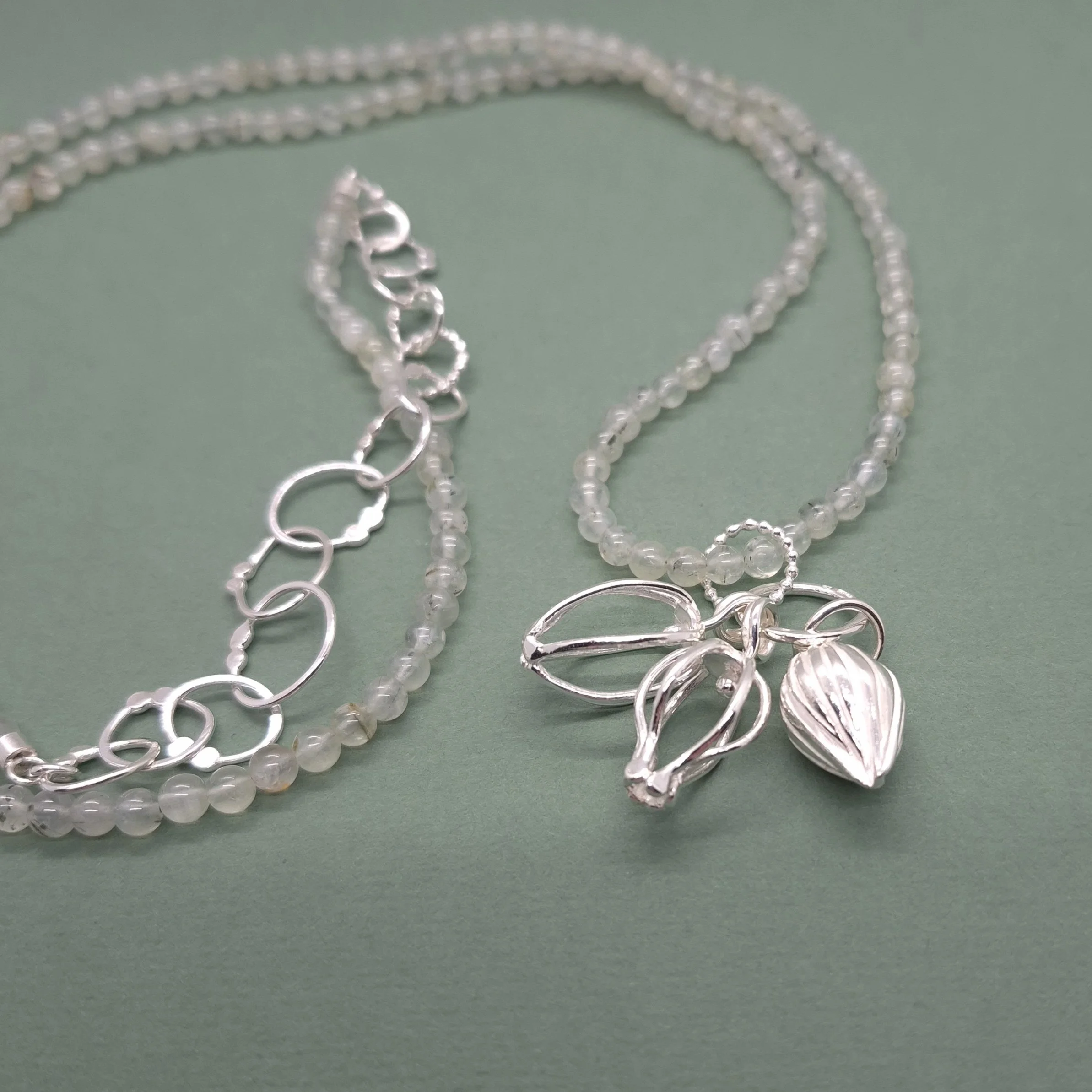 Silver Seed Pod  and Prehnite necklace