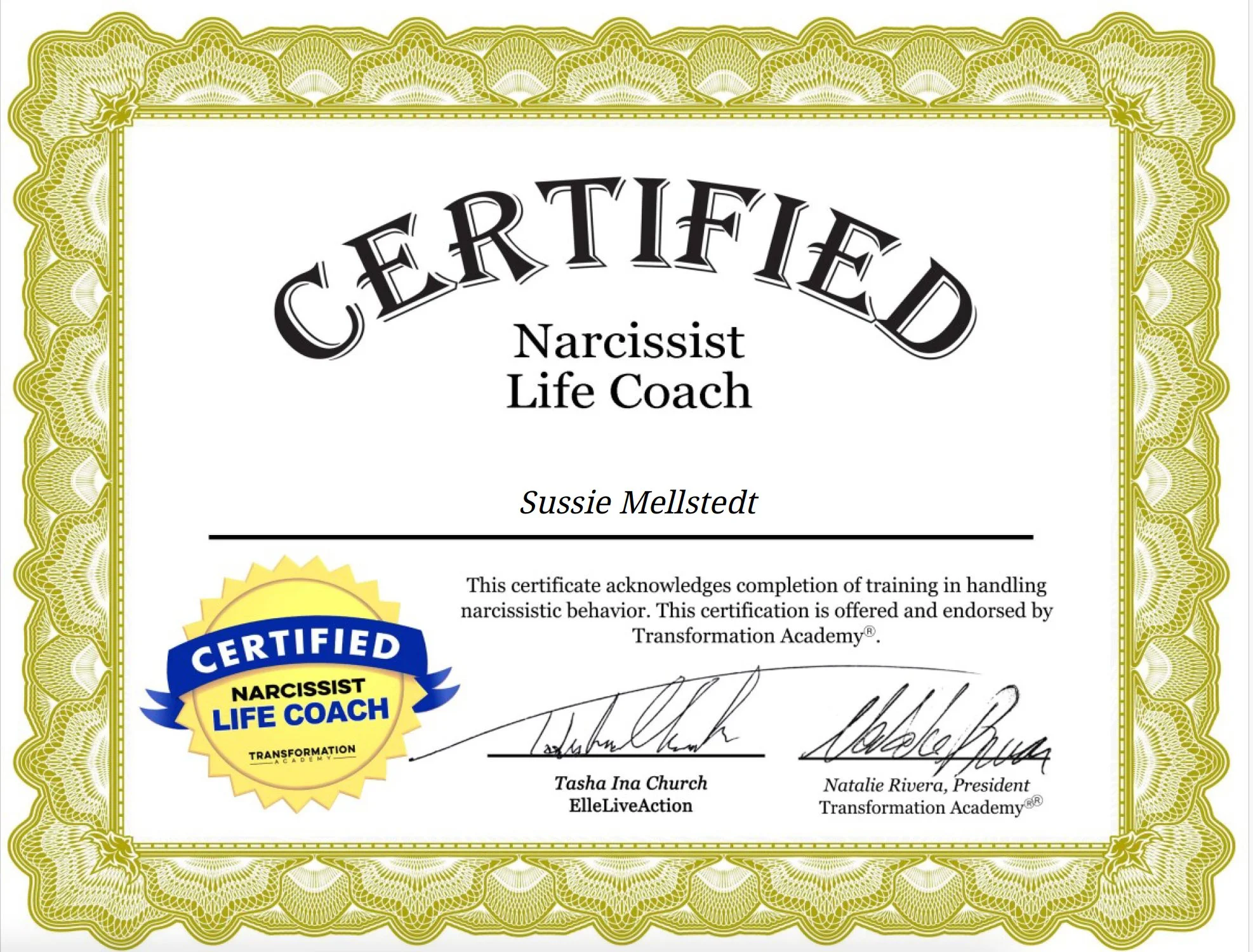 Certifikat som Narcissist Life Coach från Transformation Academy. Utbildning inom narcissistiskt beteende. Relevant för coachning vid narcissism, narcissistiskt våld, gaslighting, psykisk misshandel och återhämtning efter destruktiva relationer.