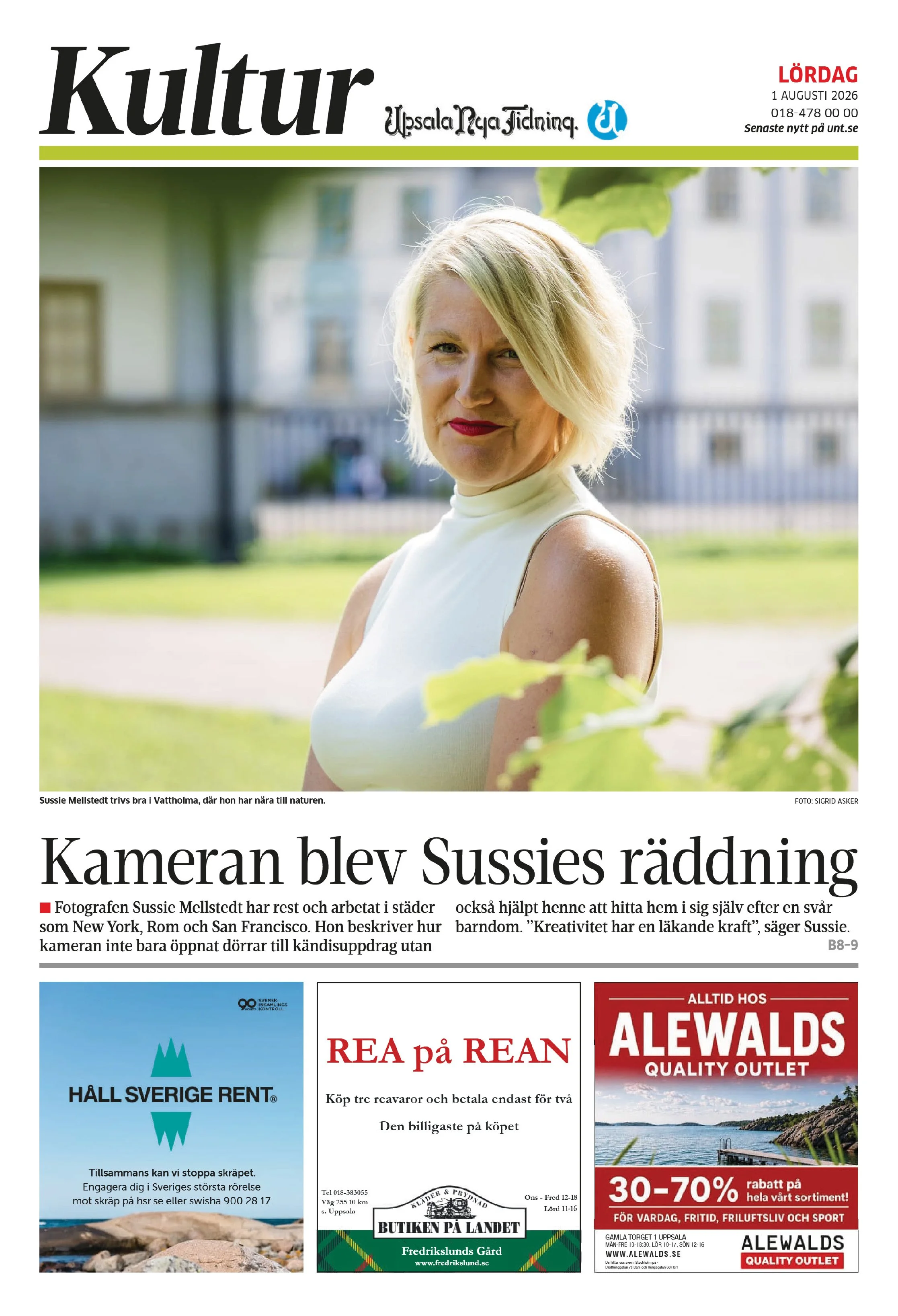 Sussie Mellstedt på framsidan av Uppsala Nya Tidning Kultur i reportaget ”Kameran blev Sussies räddning” – fotograf och författare