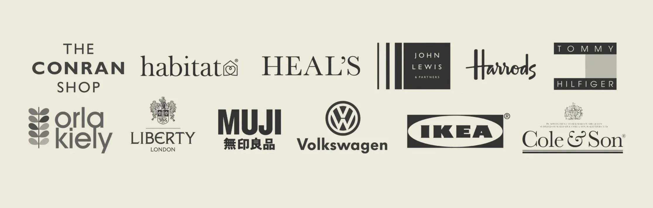 Collection of various brand logos including The Conran Shop, Habitat, Heal's, John Lewis & Partners, Harrods, Tommy Hilfiger, Orla Kiely, Liberty London, MUJI, Volkswagen, IKEA, Cole & Son.