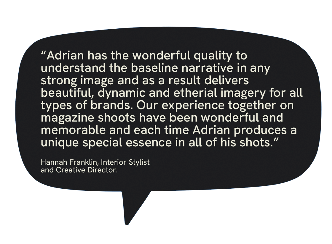 Quote about Adrian's photography qualities from Hannah Franklin, interior stylist and creative director, in a black speech bubble.