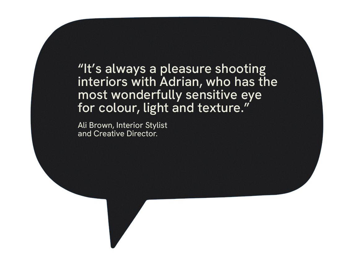 Quote from Ali Brown, interior stylist and creative director, about shooting interiors with Adrian, highlighting his sensitivity to color, light, and texture.