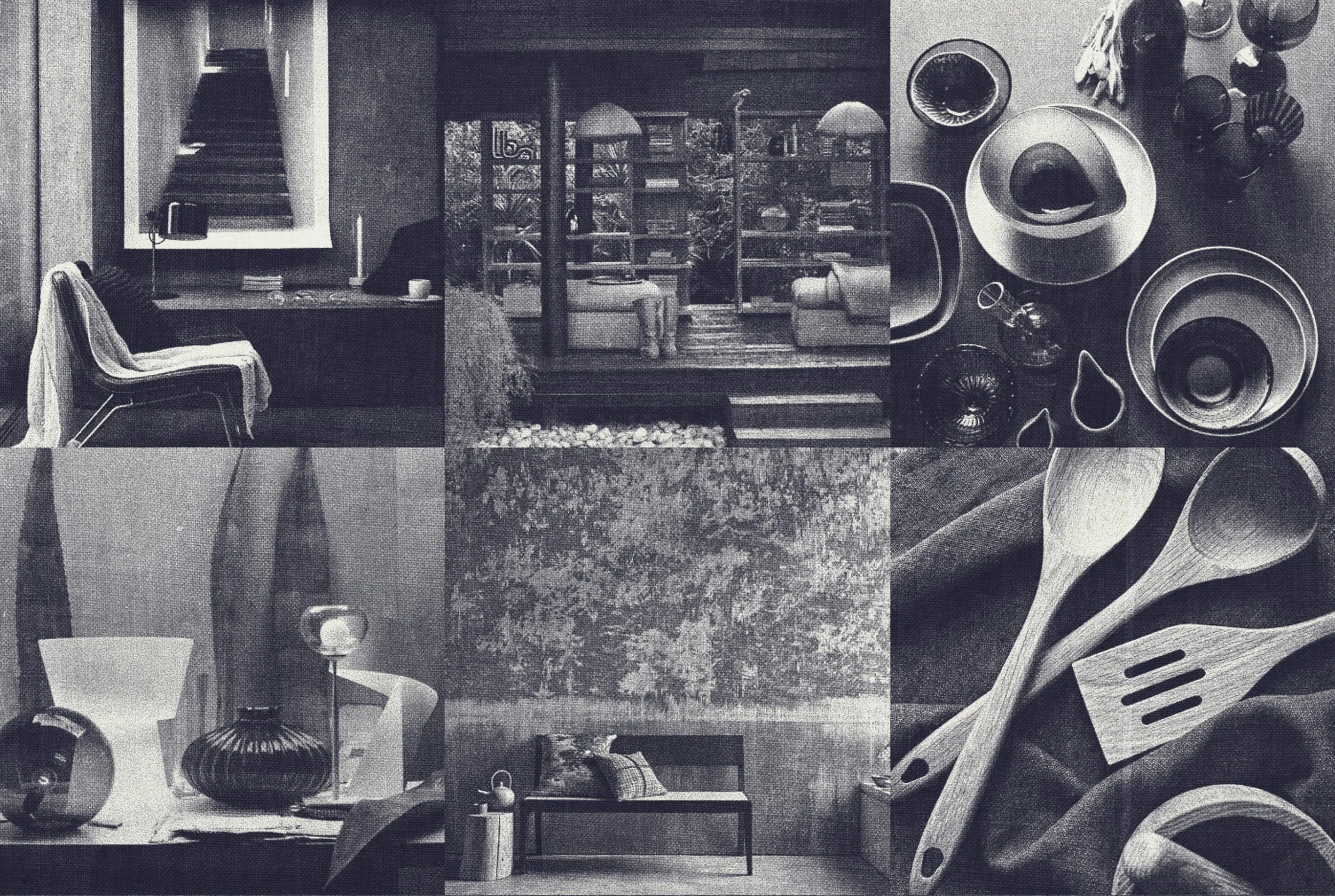 A collage of black-and-white images showcasing various household items, furniture, and decor.