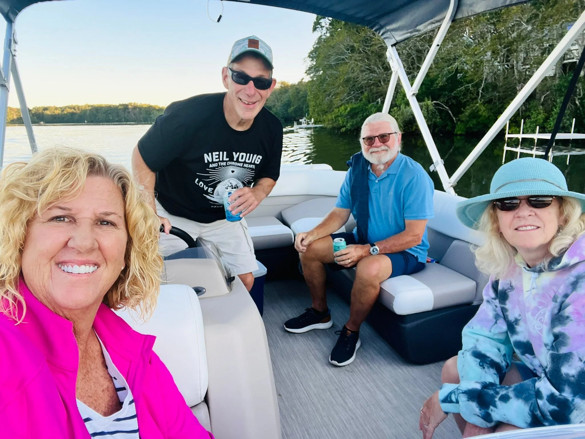 A serene pontoon boat ride enjoying the sunset on Santuit Lake in Mashpee, MA with Captain Joe and Dianne Appleman. So relaxing, good tunes, chats and laughs. Lovely dinner fireside to finish off the amazing evening. Thank you both for showing us you