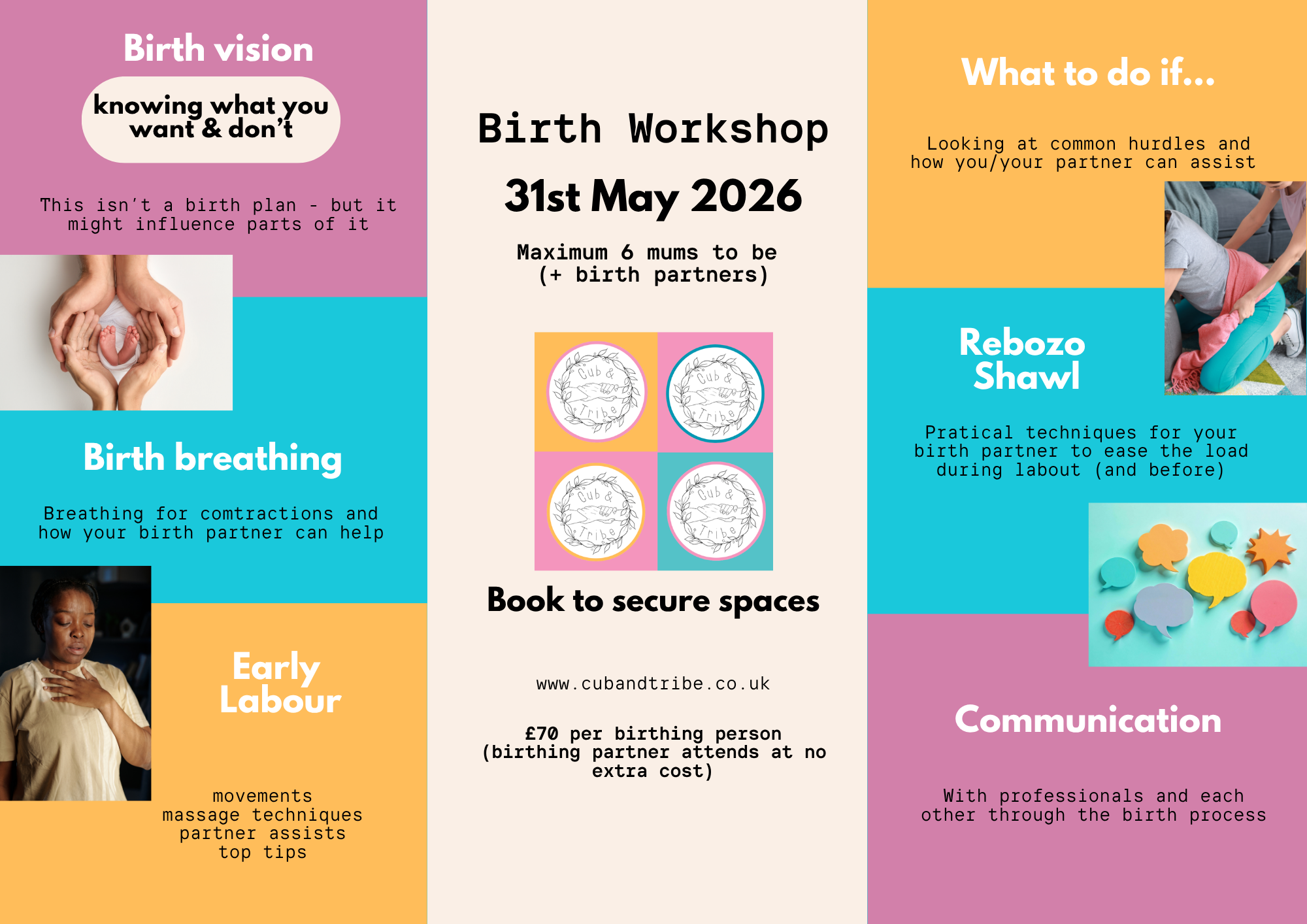 course content: birth vision. birth breathing, early labour, common hurdles, reboxo shawl,